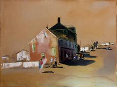 Afternoon Street Scene - Mid Century Figurative Landscape by Rudolf Jacobi
