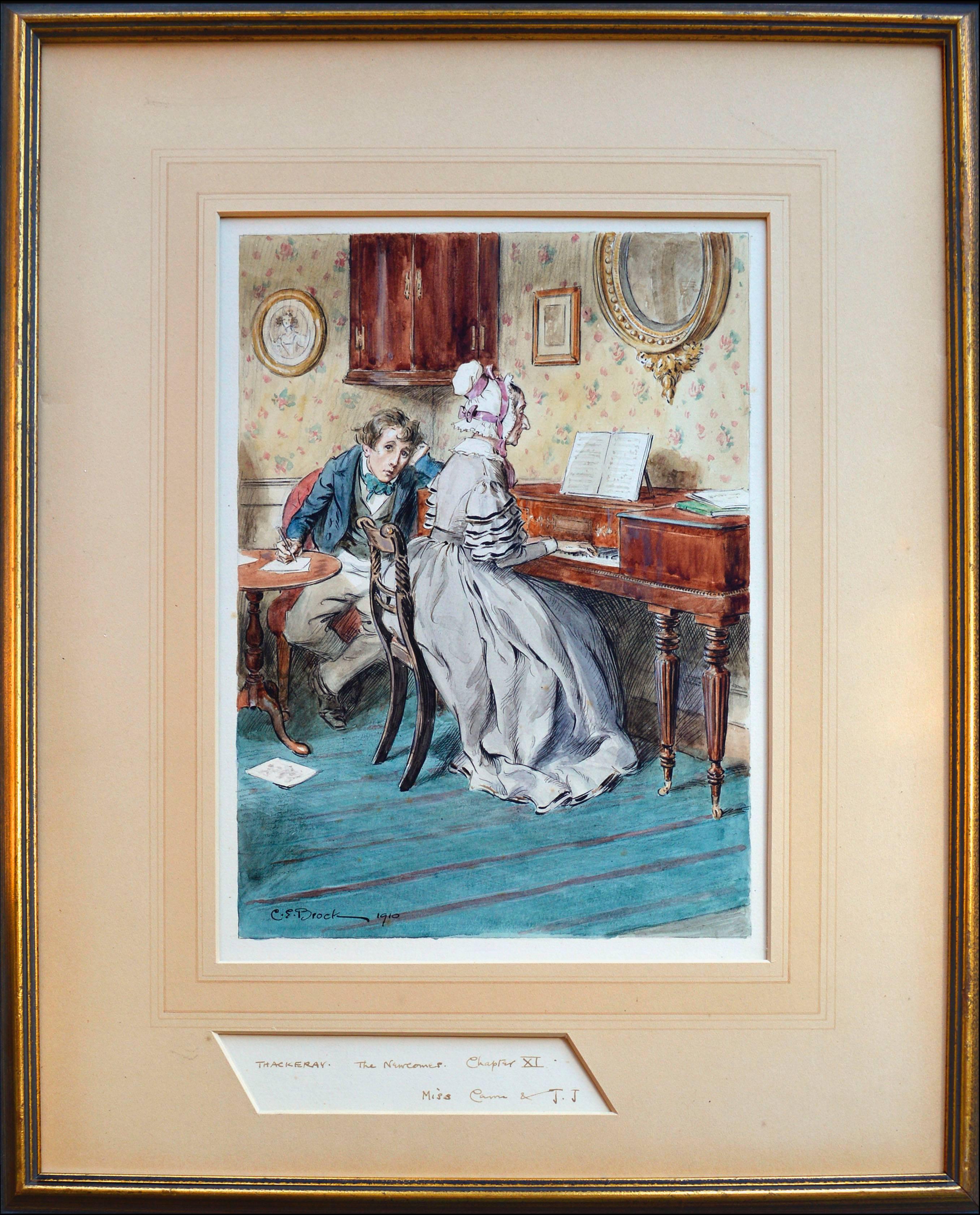 Charles Edmund Brock Figurative Art - "The Newcomes, Chapter XI" - Early 20th Century Figurative Watercolor with Piano
