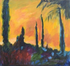 Vintage Modern Fauvist Sunset & Cypress Trees Landscape by Sarena Rosenfeld 