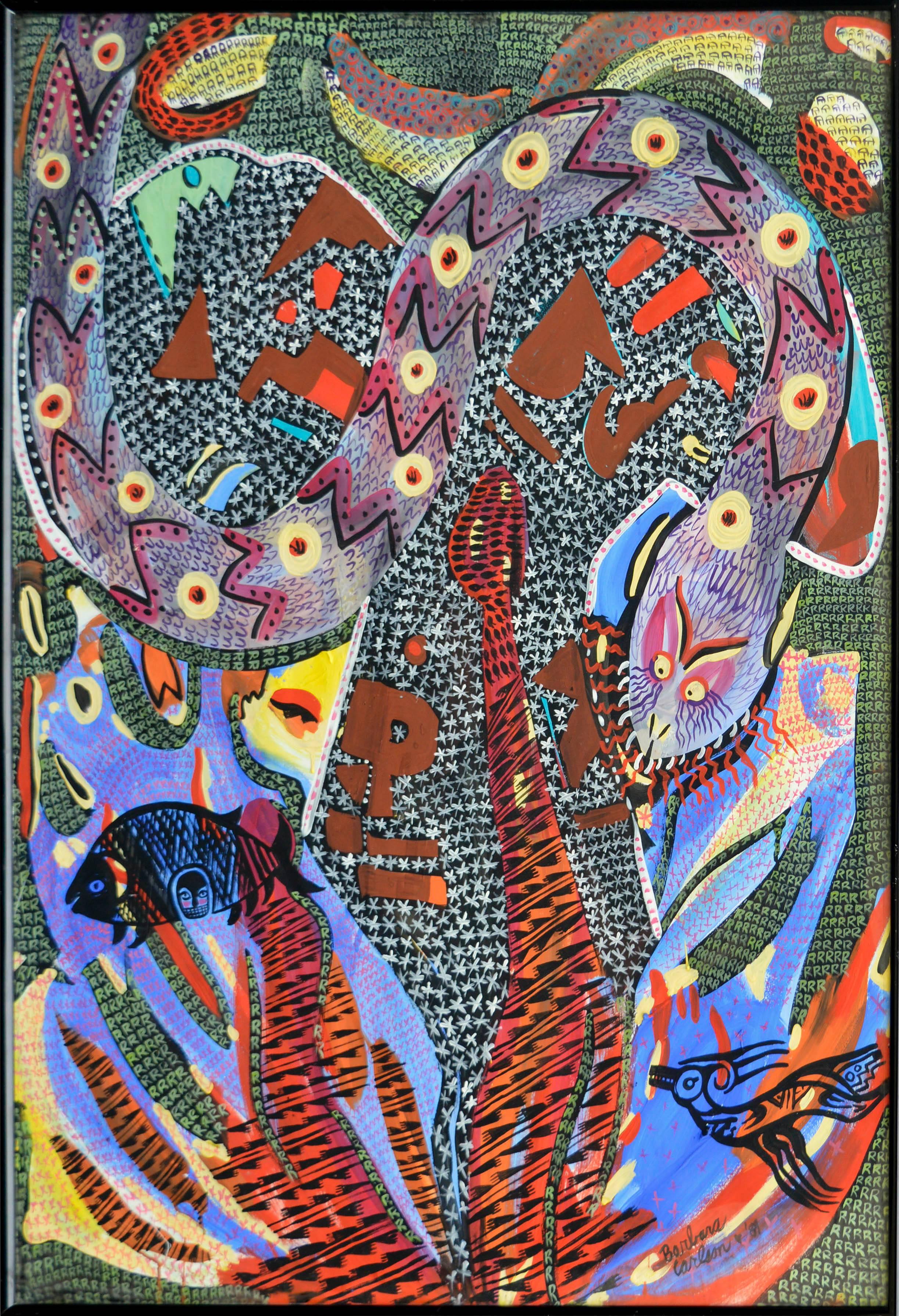 Snake, Large-Scale Visionary Abstract with Mystical Creatures by Barbara Carlson