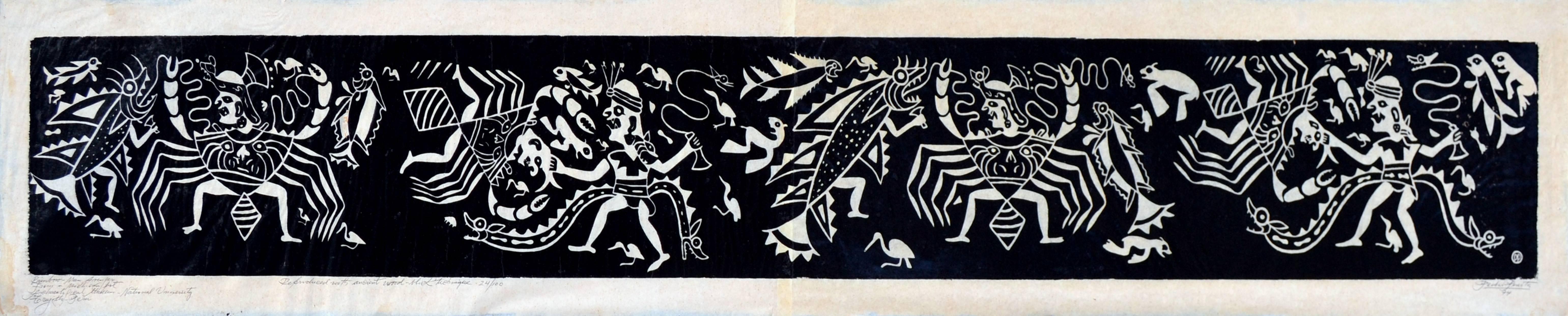 Abstract Print di Pedro Puesta - "L'uomo arcobaleno" - Stampa figurativa messicana astratta su blocco di legno
