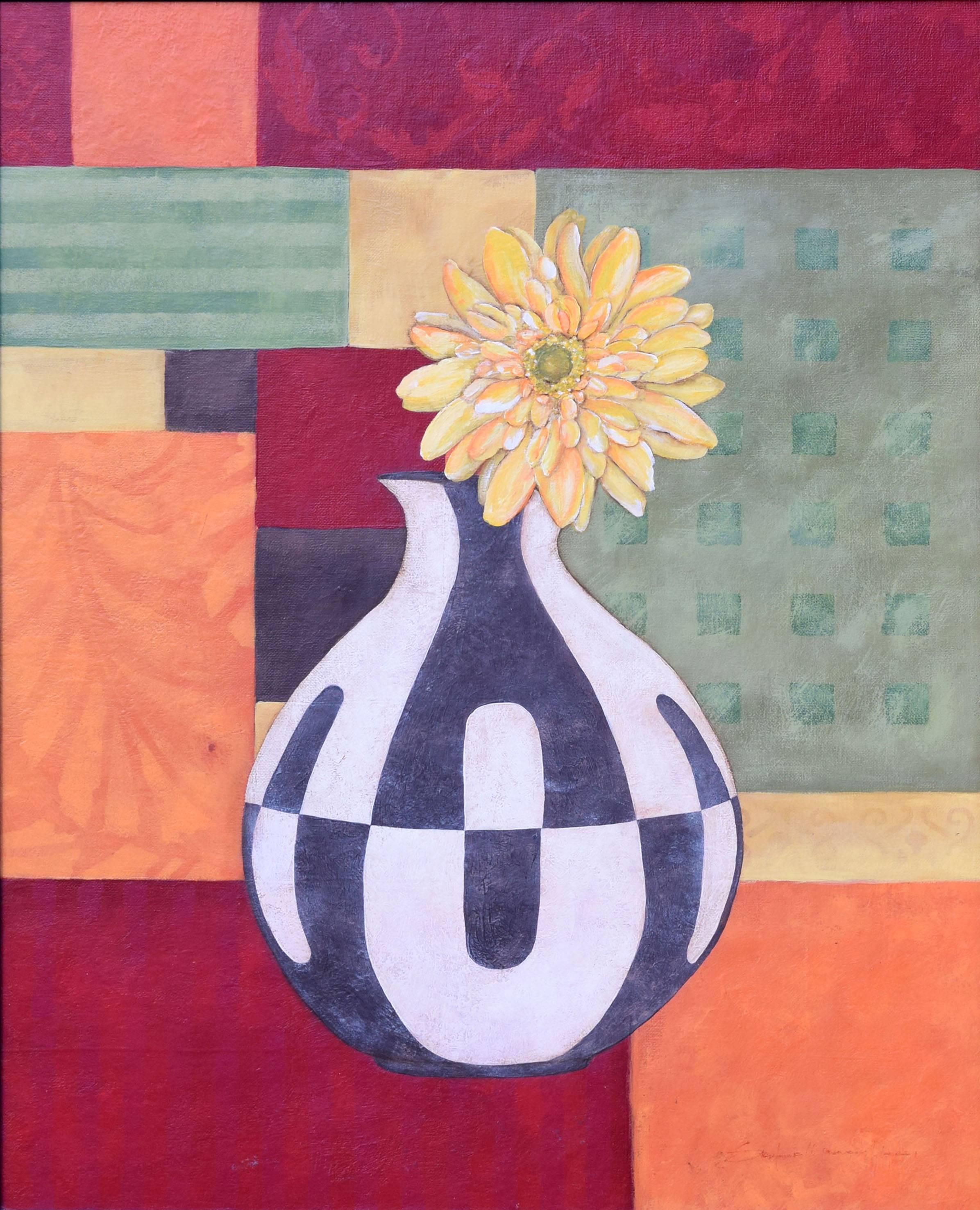 Stephanie Marrott Still-Life Painting – Abstrakte abstrakte Blumenvase mit Art déco-Vase 