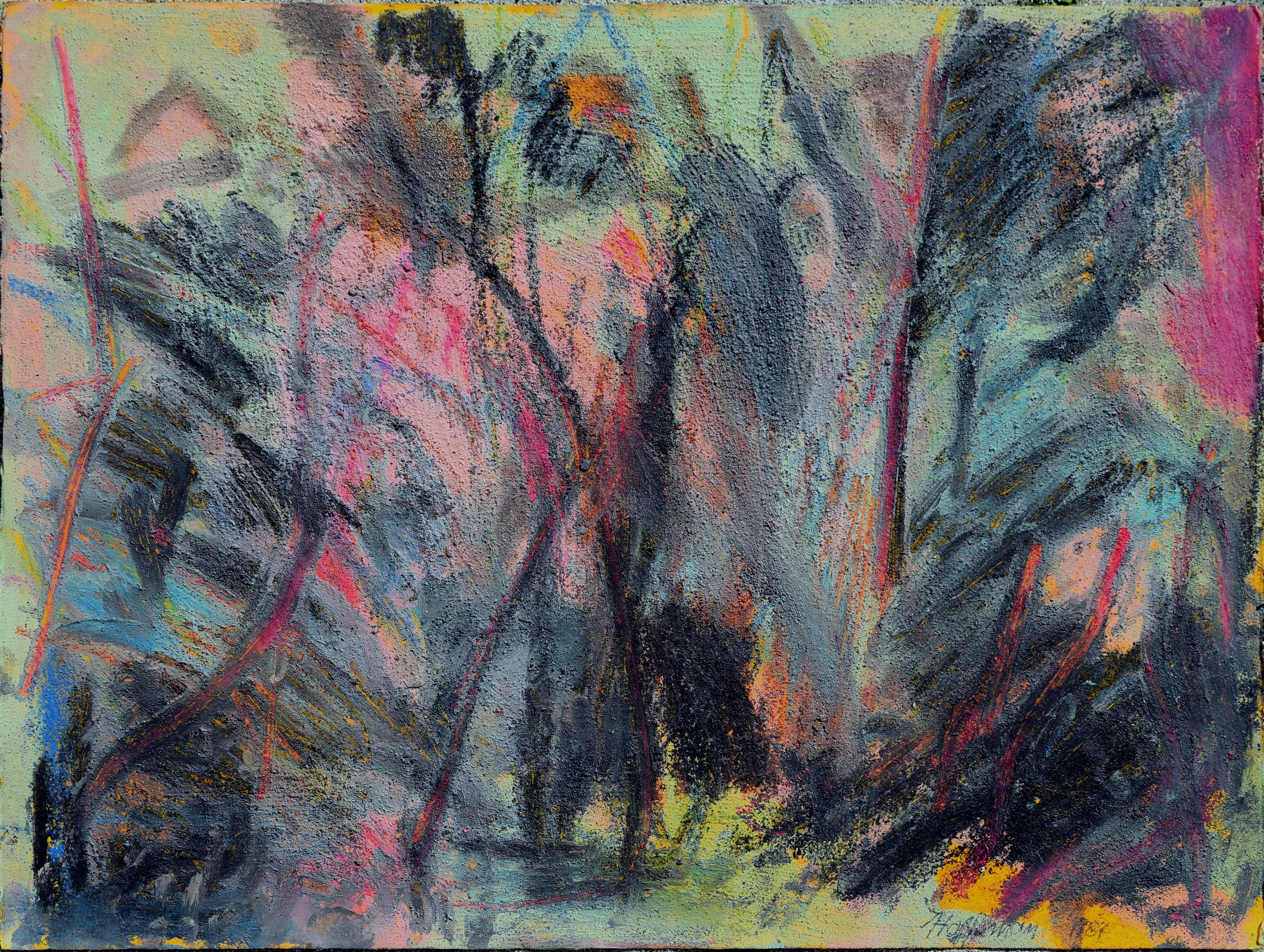 Bois expressionnistes français abstraits et abstraits avec rose, noir et bleu 