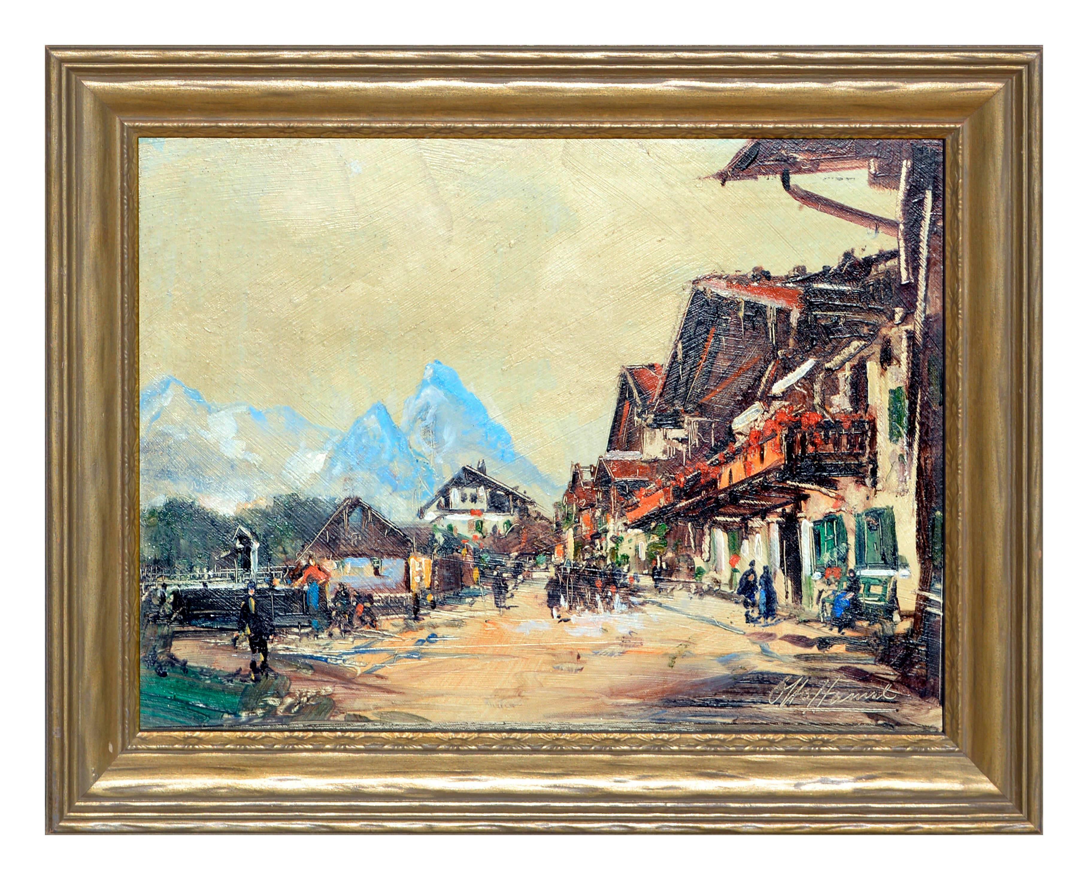 Figurative Painting Otto Hamel - Début du 20e siècle Paysage de village des Alpes suisses