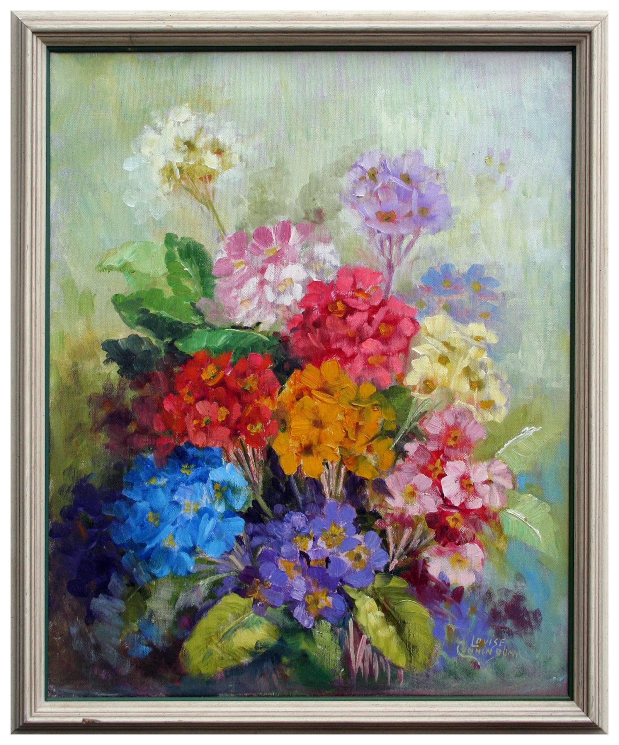Louise Grossett Cunningham Still-Life Painting - Multi-Color Primrose Still Life, 1970's Floral