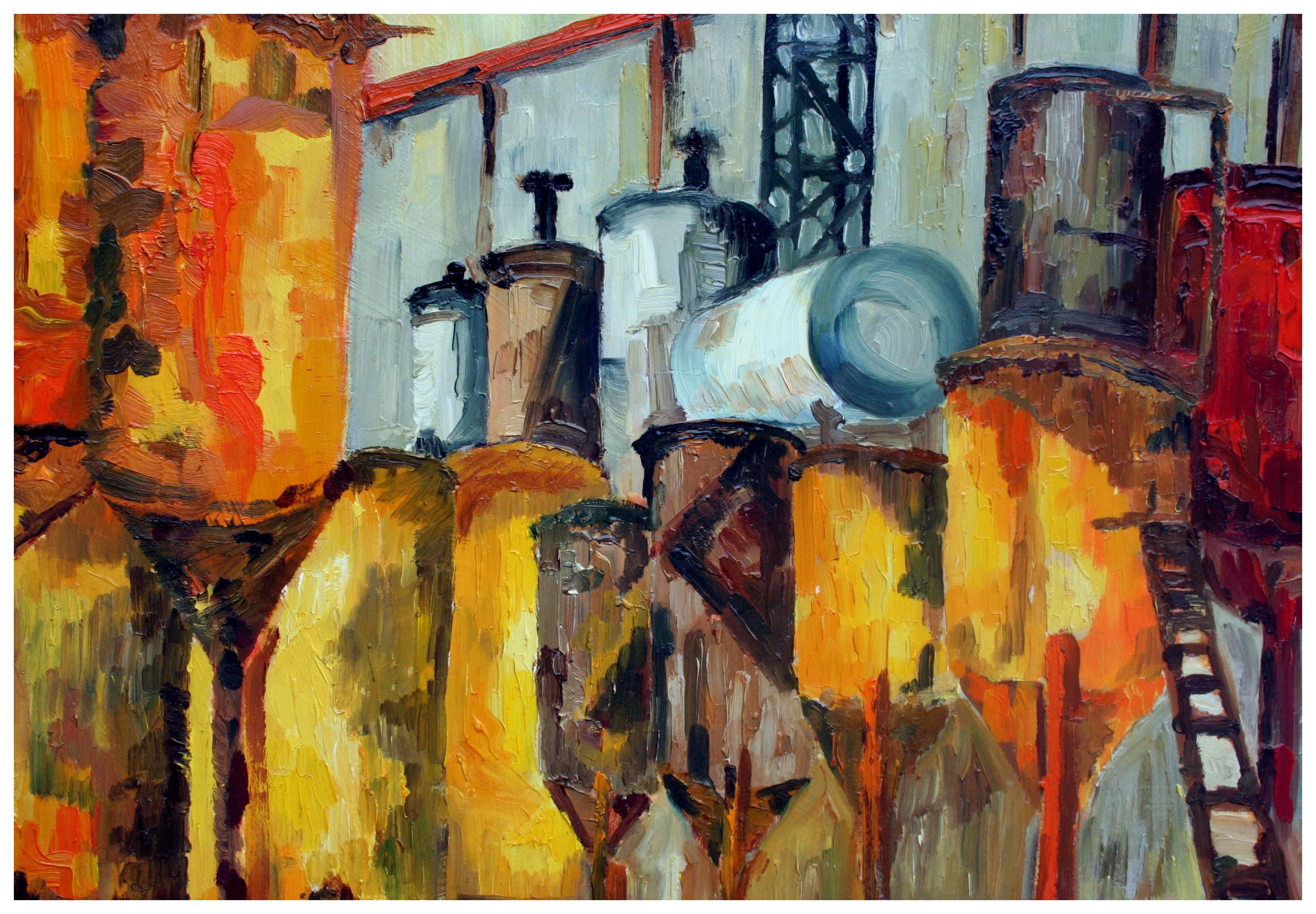 Industrial Expressionism - Brown Landscape Painting by Cresanna Millegan