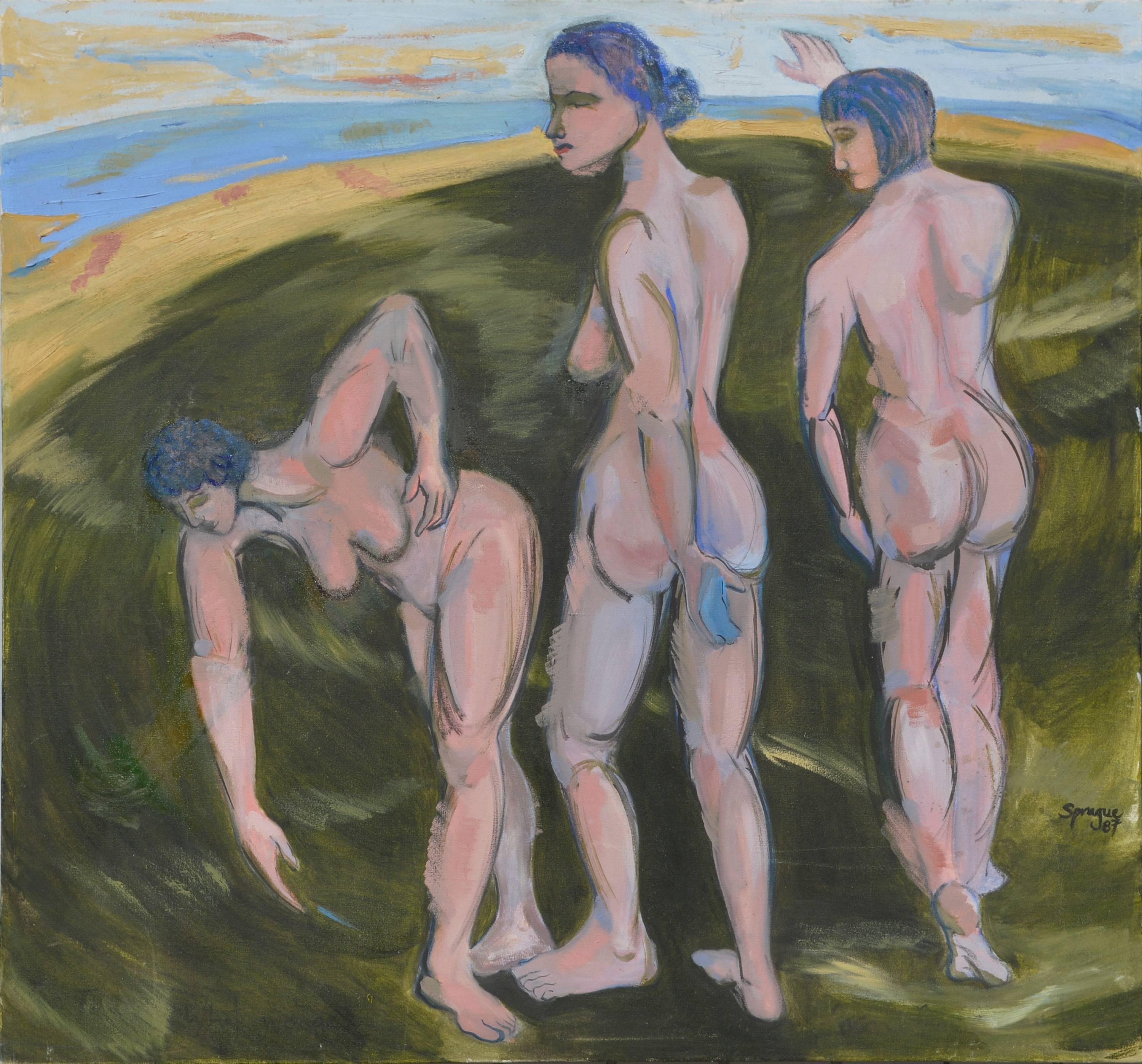 Lora Spraque Figurative Painting - Women in Motion (The Three Graces)  - Nude Figurative in Oil on Canvas