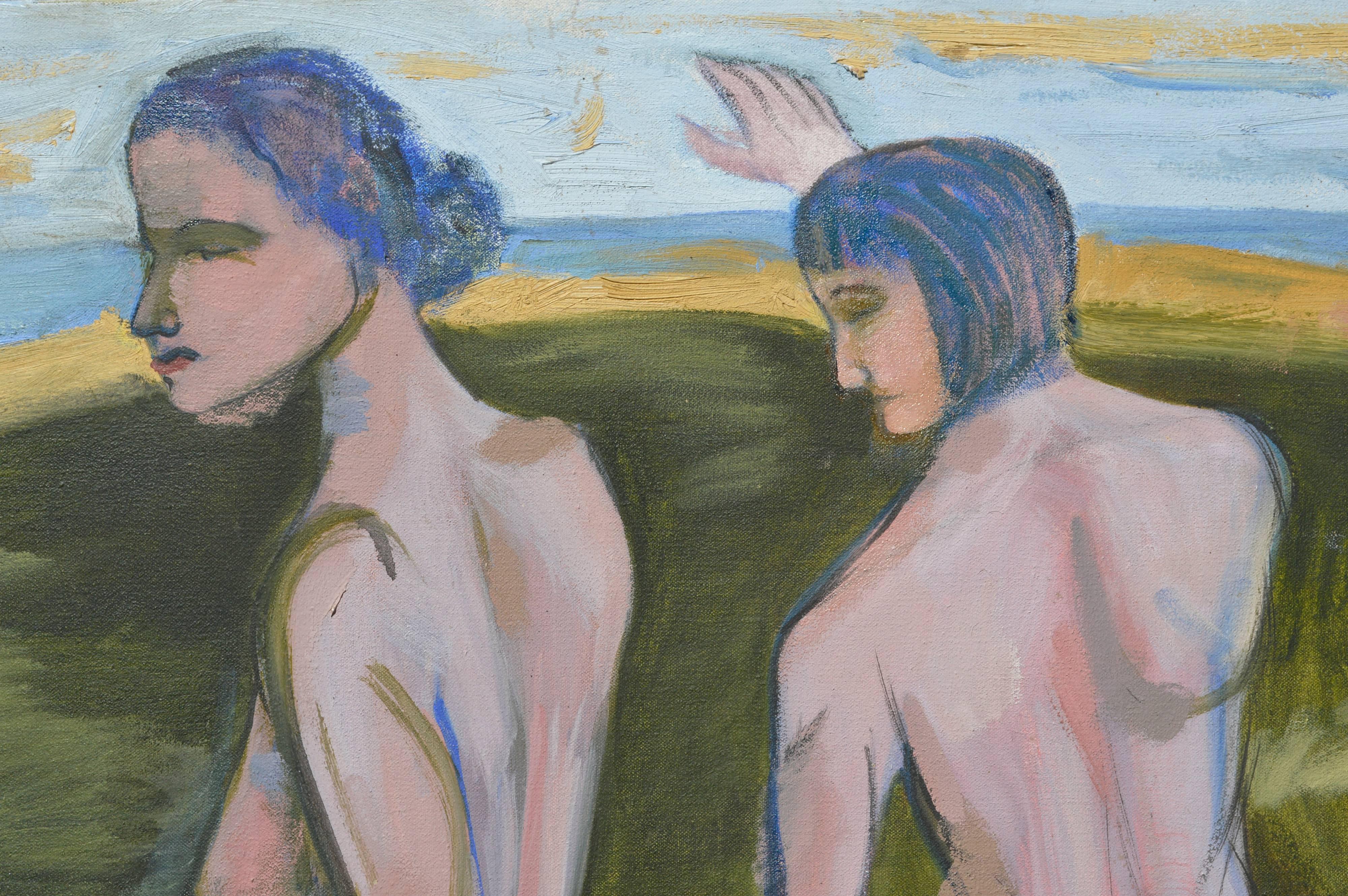 Mujeres en movimiento (Las Tres Gracias)  - Desnudo figurativo al óleo sobre lienzo - Painting de Lora Spraque