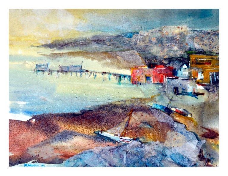 Chinese fishing village watercolor painting by Frances Morrow (American, 20th Century). Signed "Morrow" and dated "79" lower left and "The  Fishing Village", "Francis Morrow on Verso". Unframed. China Camp State Park: The park is nestled along the