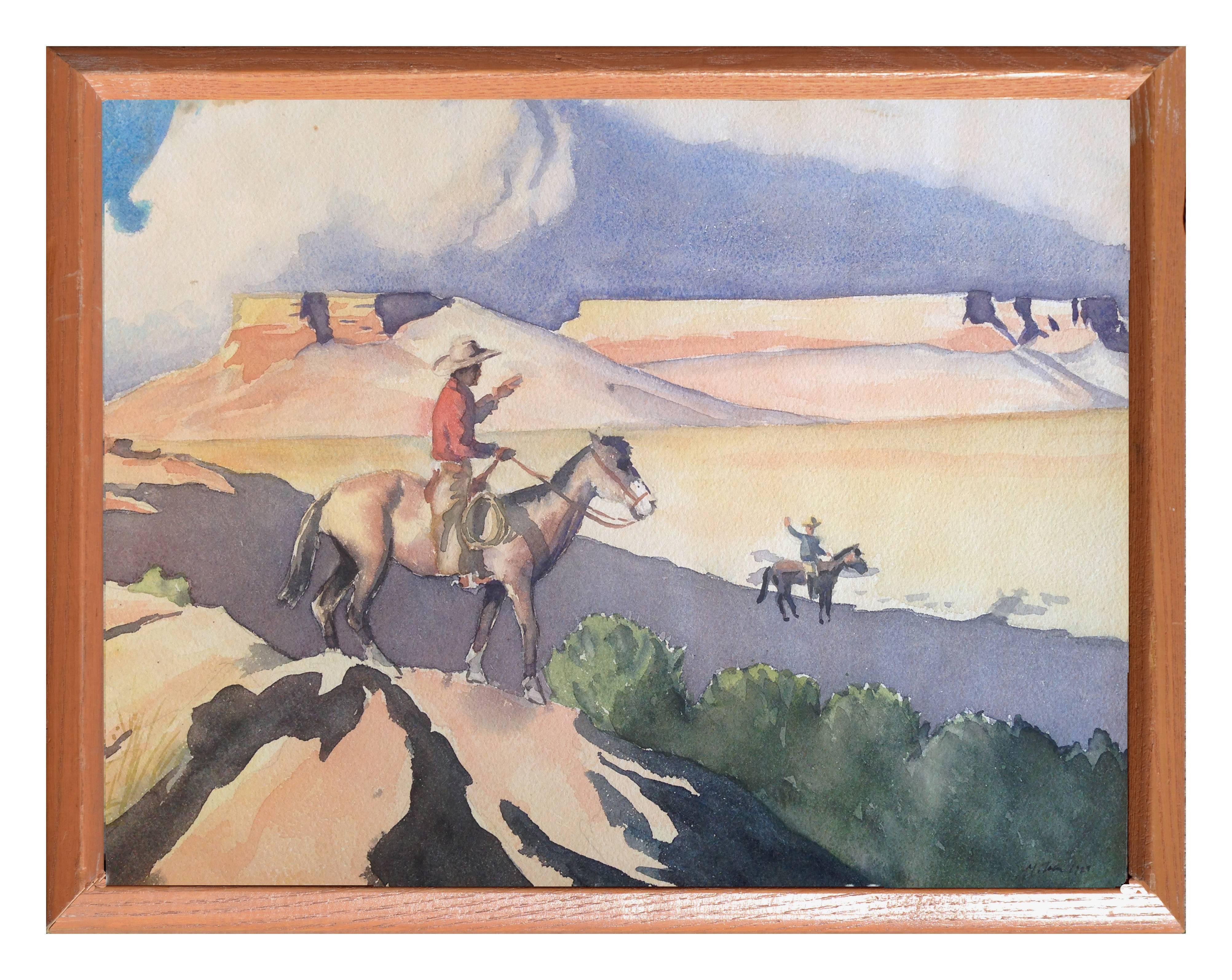 Beautiful watercolor painting of a cowboy riding his horse through the New Mexico mountains while another waves from nearby. Signed "M. Taber 1929" lower right. Presented in a wood frame, not matted. Image, 10.5"H x 13.5"L.