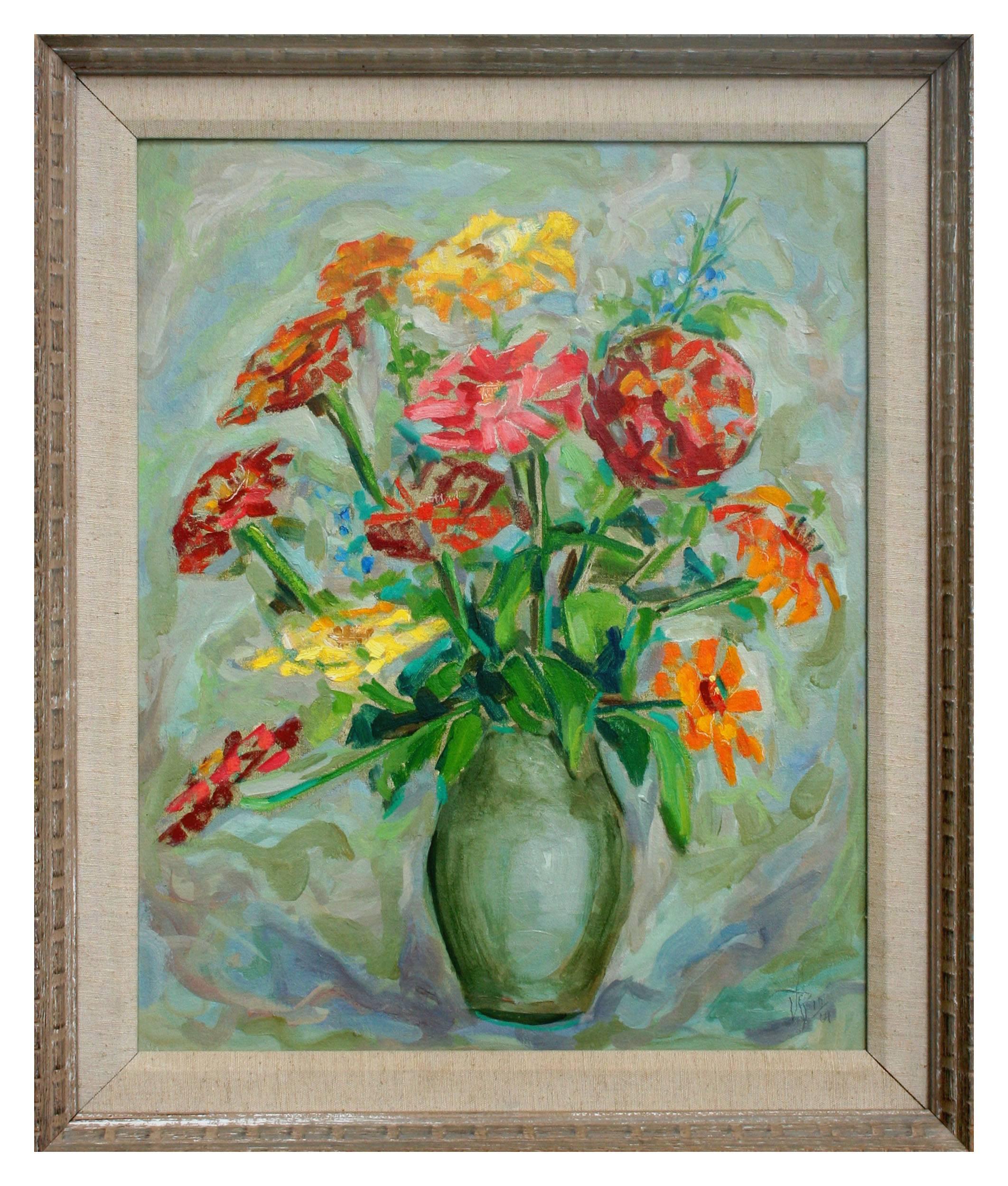 Virginia Sevier Rogers Still-Life Painting - Zinnias in Vase, Mid Century Modern Floral Still-life