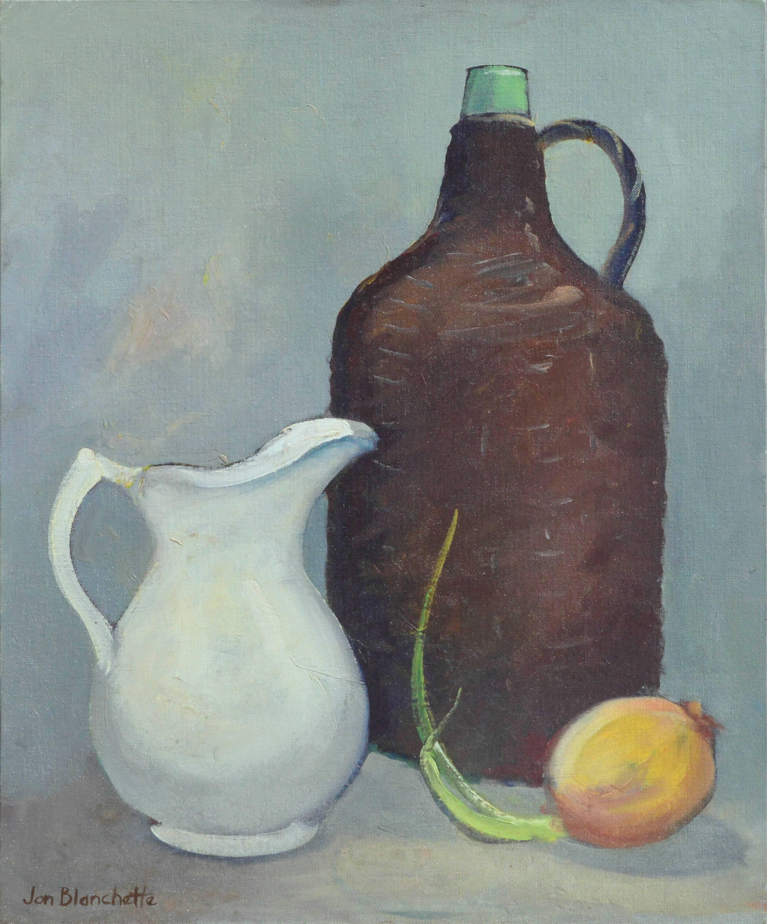 Mid Century White Pitcher, Brown Jug and Onion Still Life