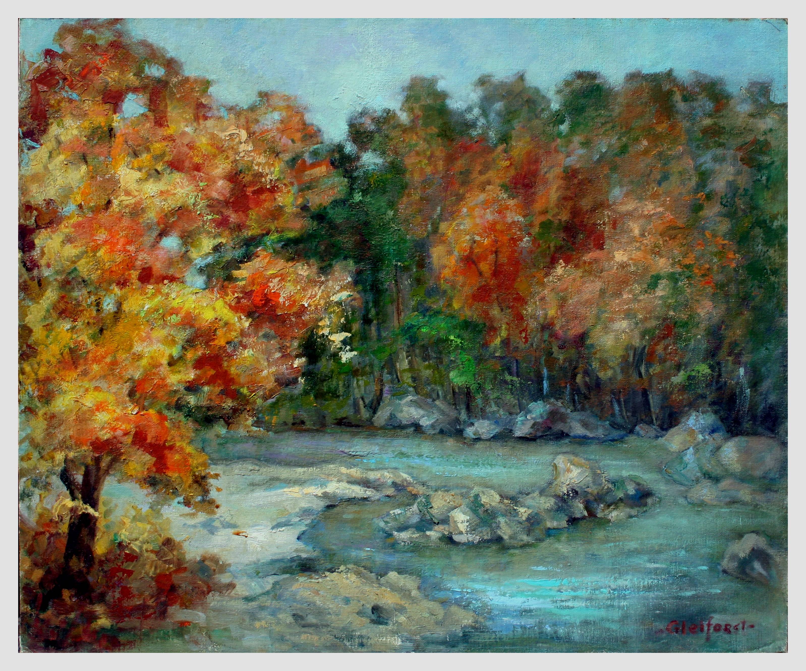 Mid Century Autumn Stream Landscape - Painting by Helen Enoch Gleiforst