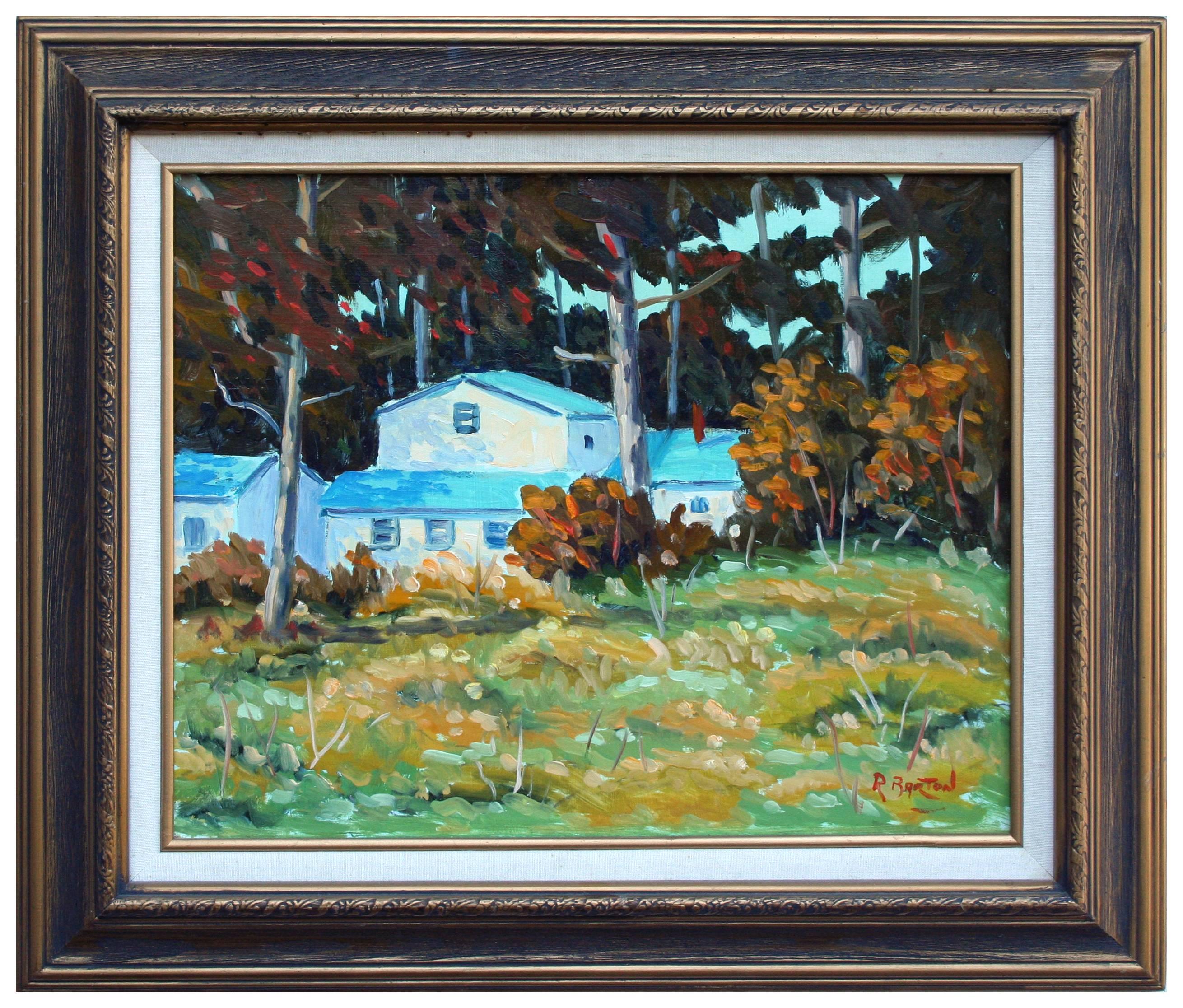 Landscape Painting Ray Barton - Bois de roseau du Pacifique, paysage moderne du milieu du siècle dernier de Carmel en Californie