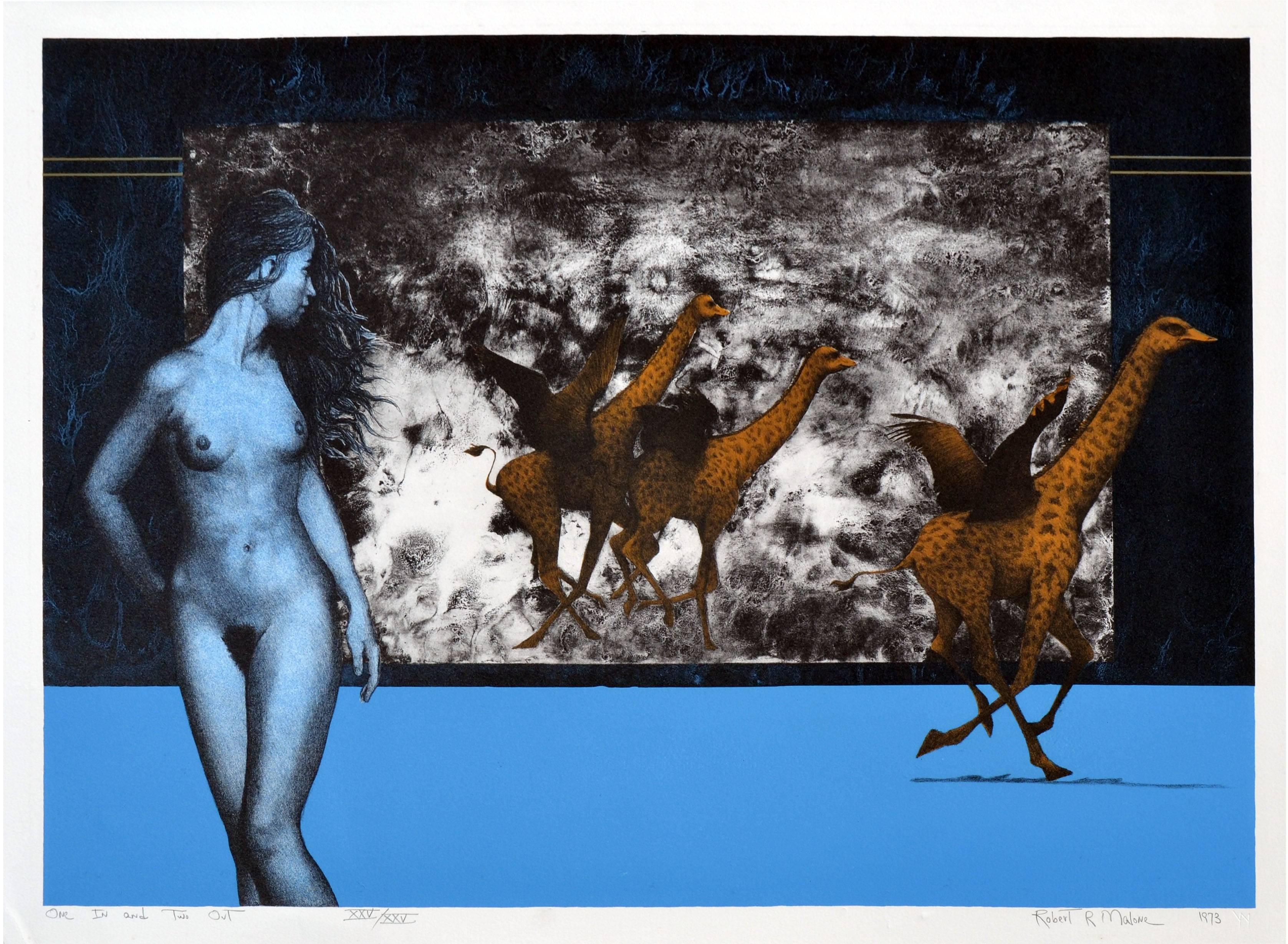 Robert R. Malone Nude Print – Figurativer abstrakter Druck in limitierter Auflage, Vintage  ""Ein in und zwei aus" 