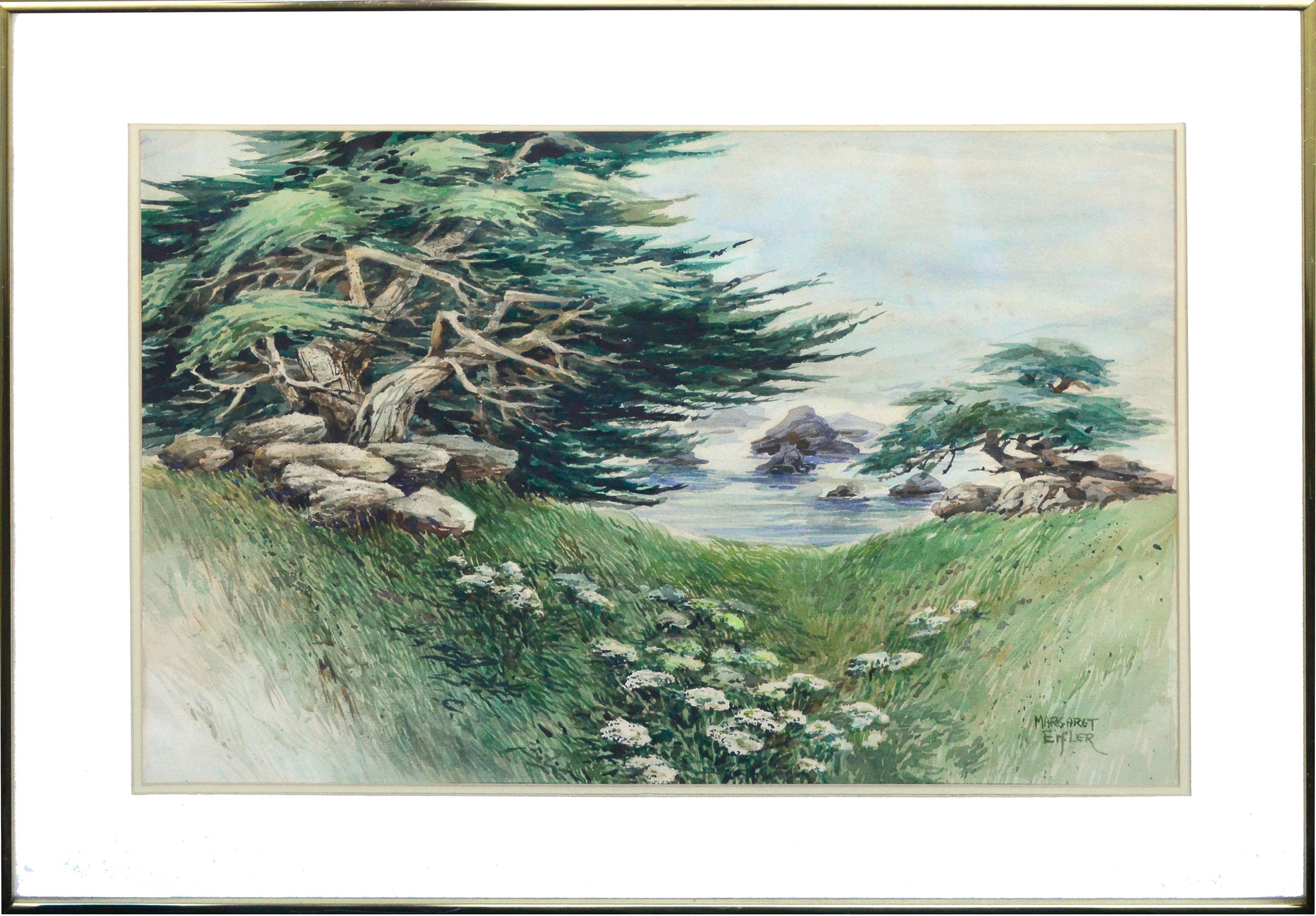 Vintage Carmel Landscape -- Shore Cypress  - Painting by Margaret Eifler