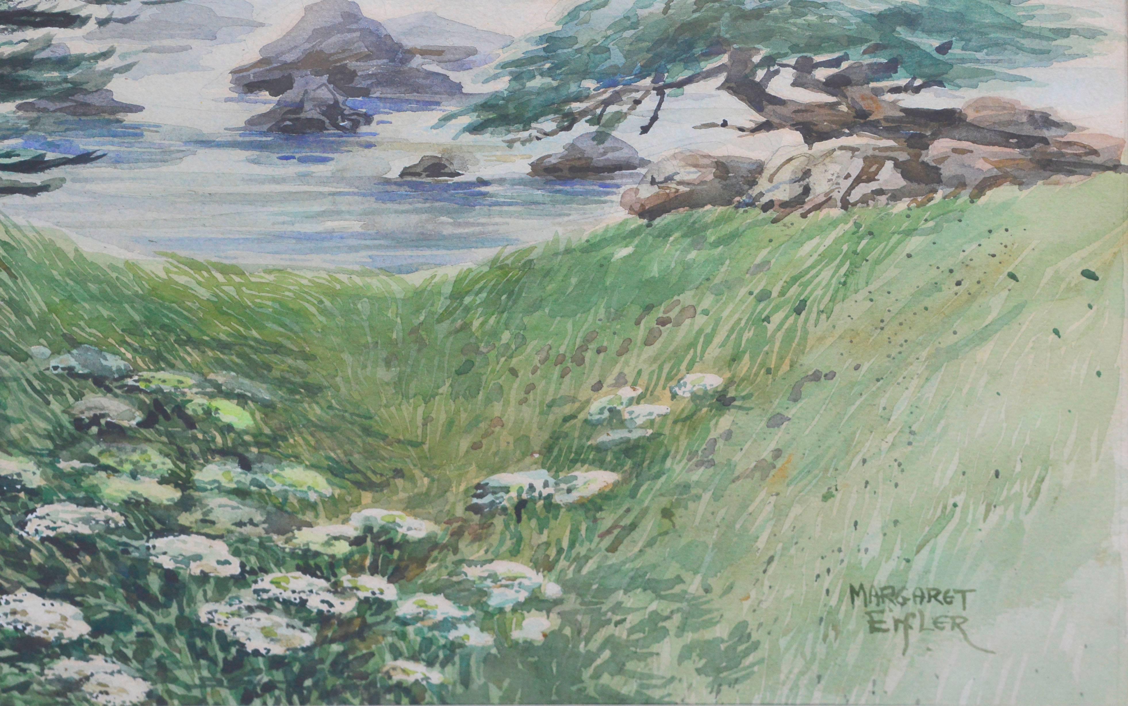 Paysage Carmel vintage - Paysage de cyprès - Gris Landscape Painting par Margaret Eifler