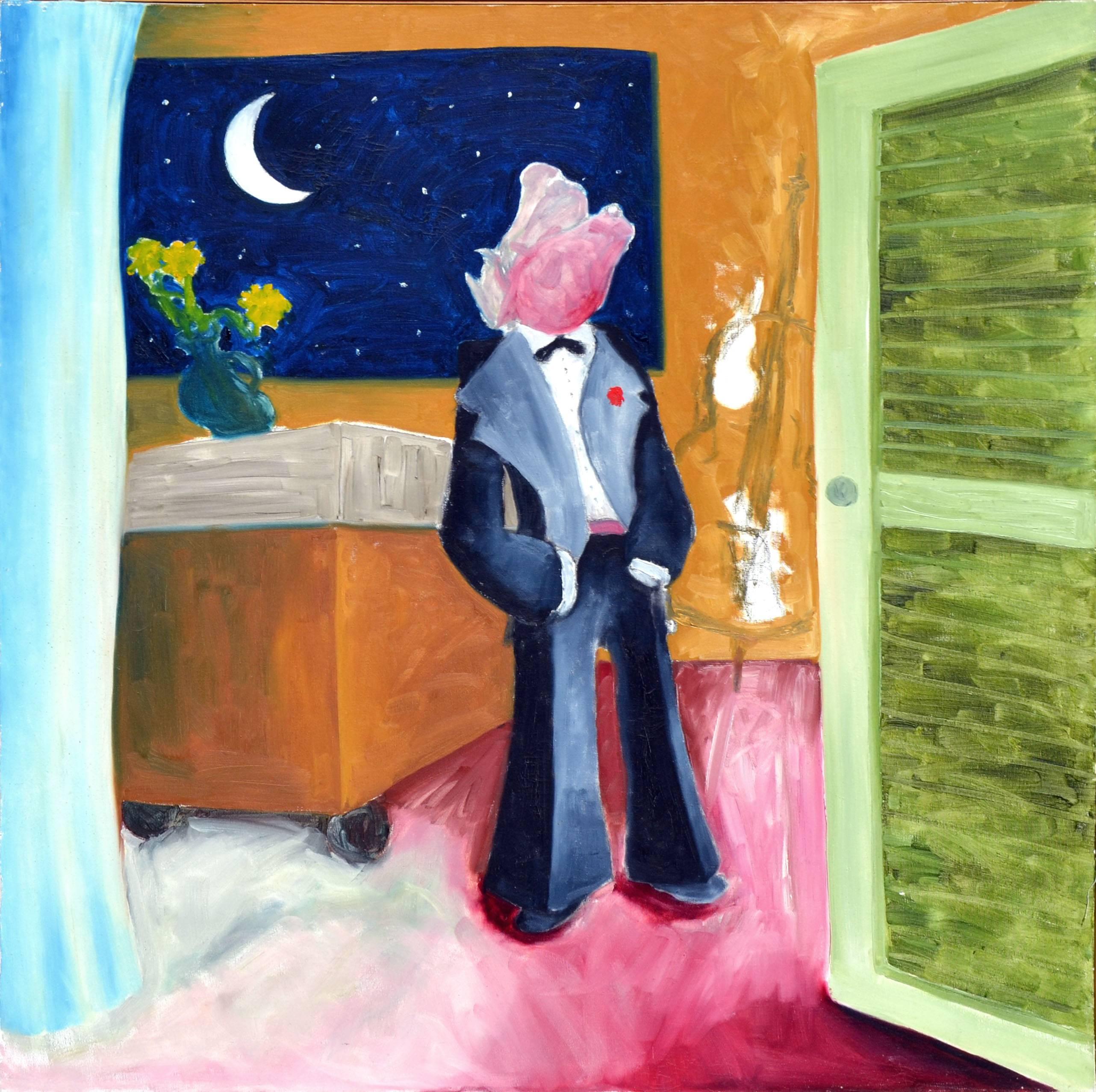 G. Lester Figurative Painting - Singing At the Moon, Wolf in a Tux - Abstract Figurative 