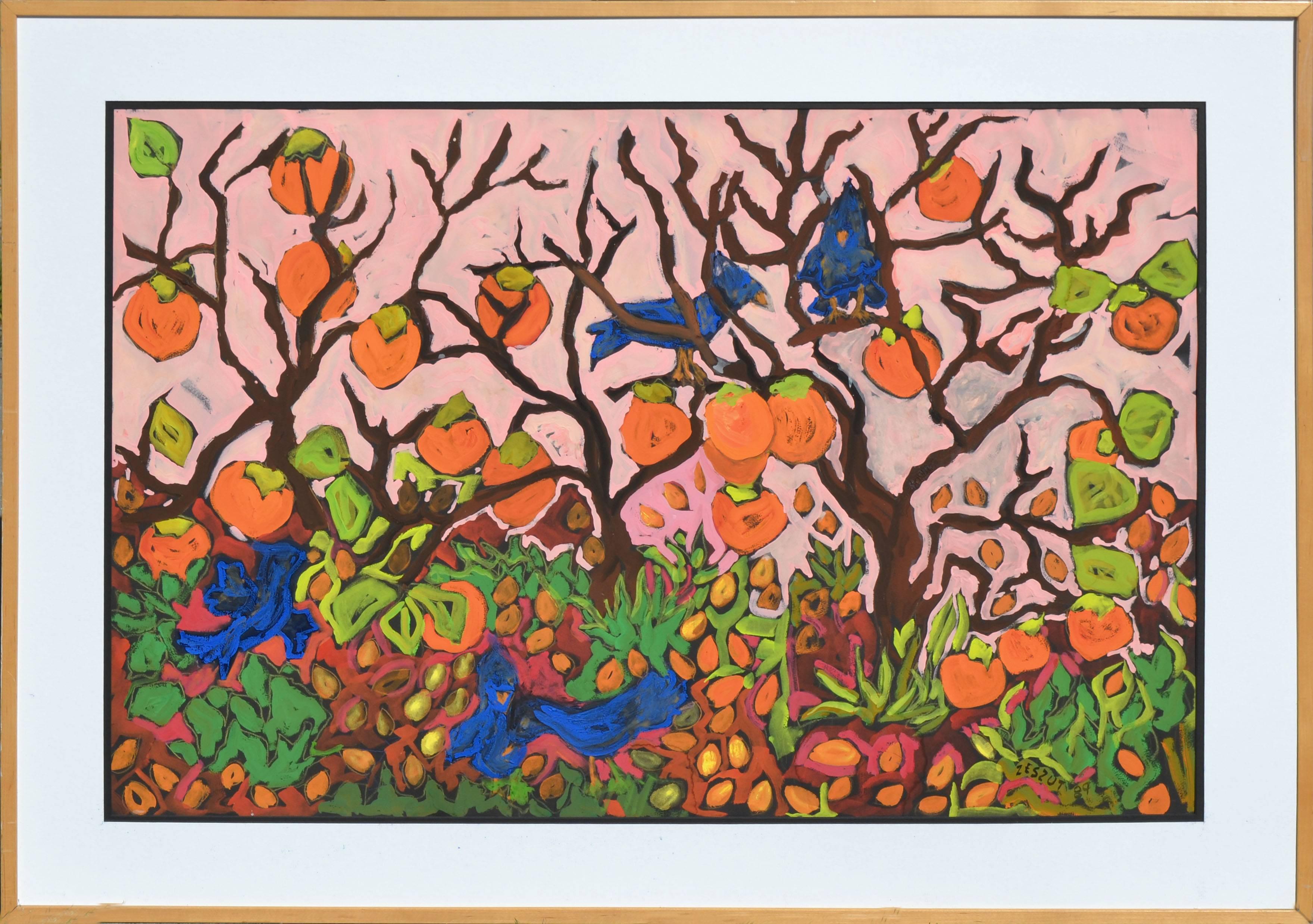 Persimmons and Blue Jays - Beige Figurative Painting by Laurie Zeszut