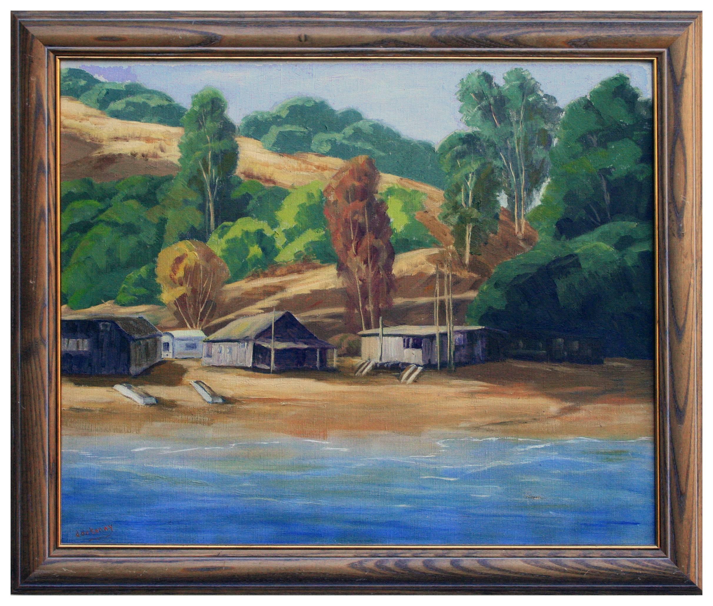J. A. Dockeray Landscape Painting - Mid Century California Lake House Landscape
