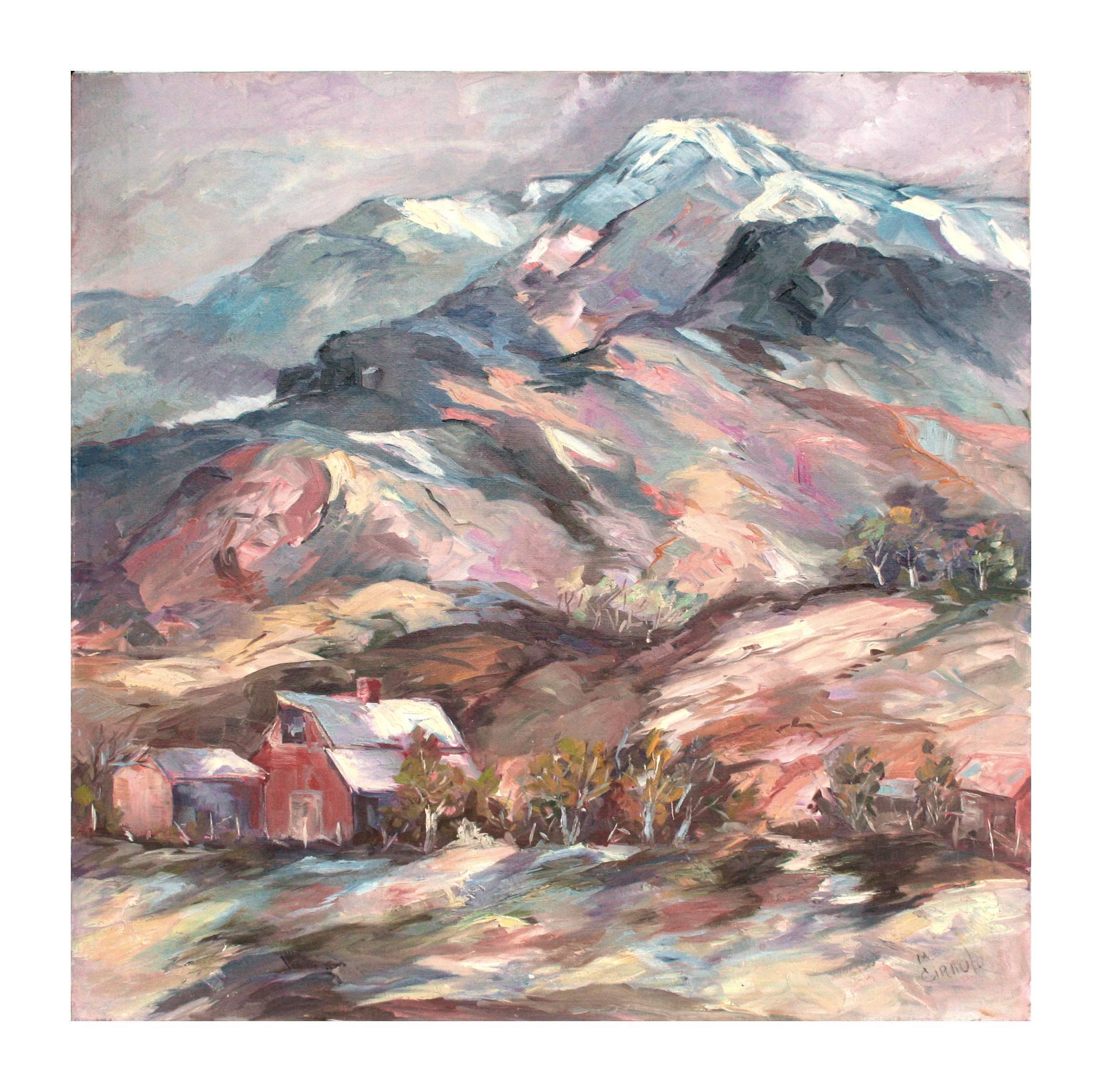 Colorful Vintage 1970's Mountaintop Landscape with Red Barn