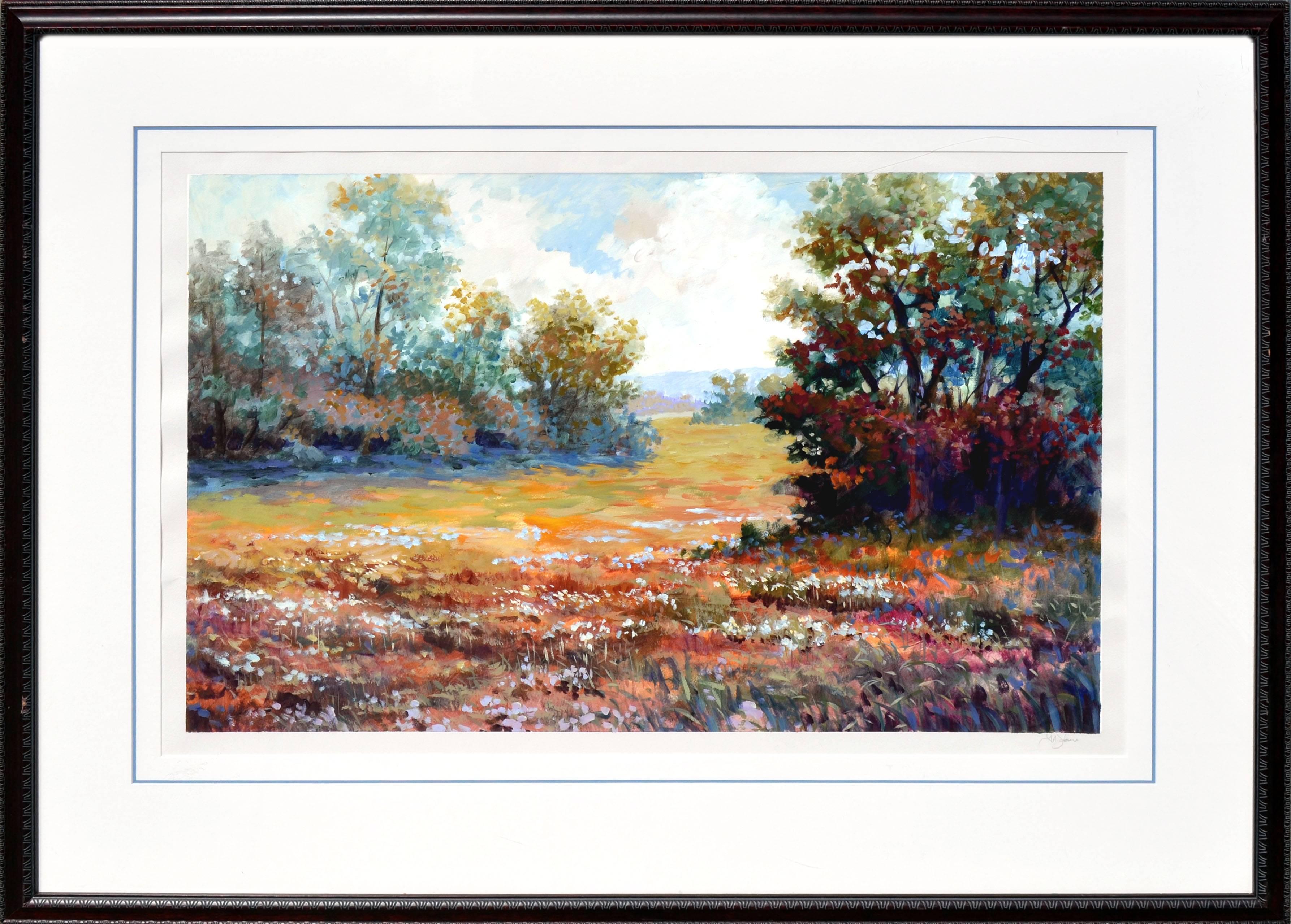 Landscape Painting J A Johnson - Paysage de printemps dans la vallée