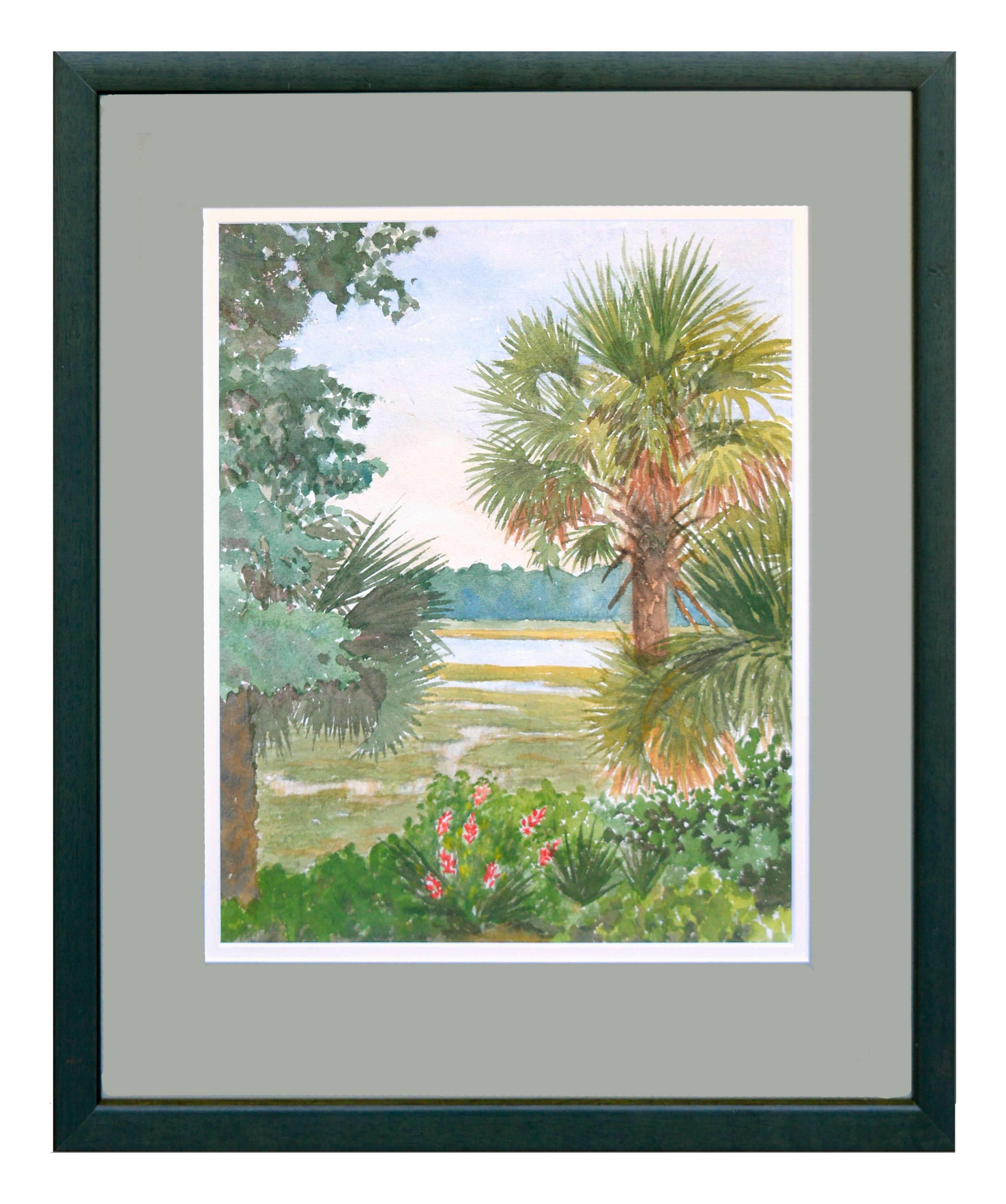 Landscape Painting Margaret E. Rogers - Paysage californien  l'aquarelle des annes 1930 -  Palmiers  