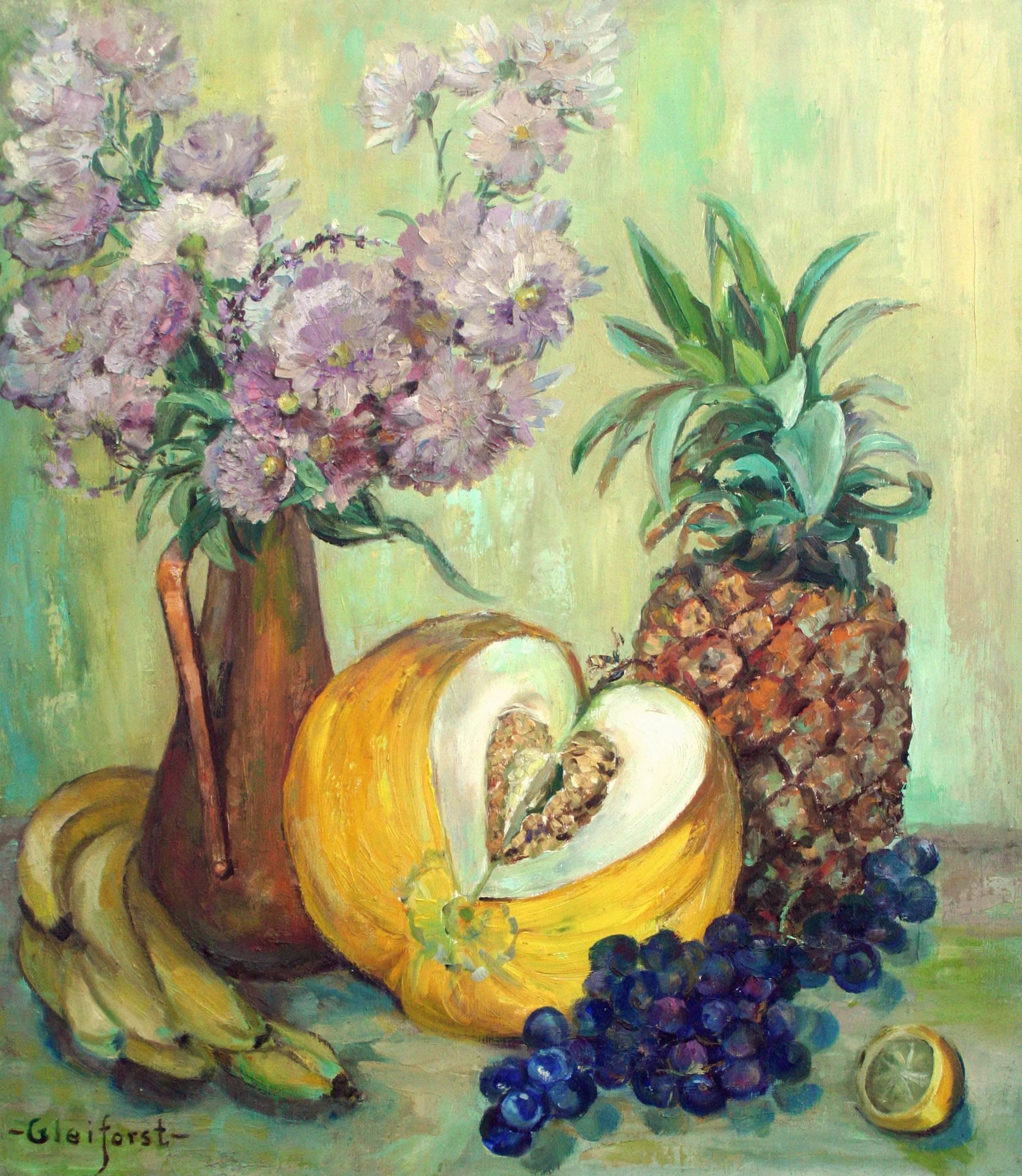 Helen Enoch Gleiforst Still-Life Painting - Vase of Strawflowers & Fruit, Mid Century Still Life