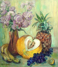 Vase de tournesols et de fruits, nature morte du milieu du siècle dernier