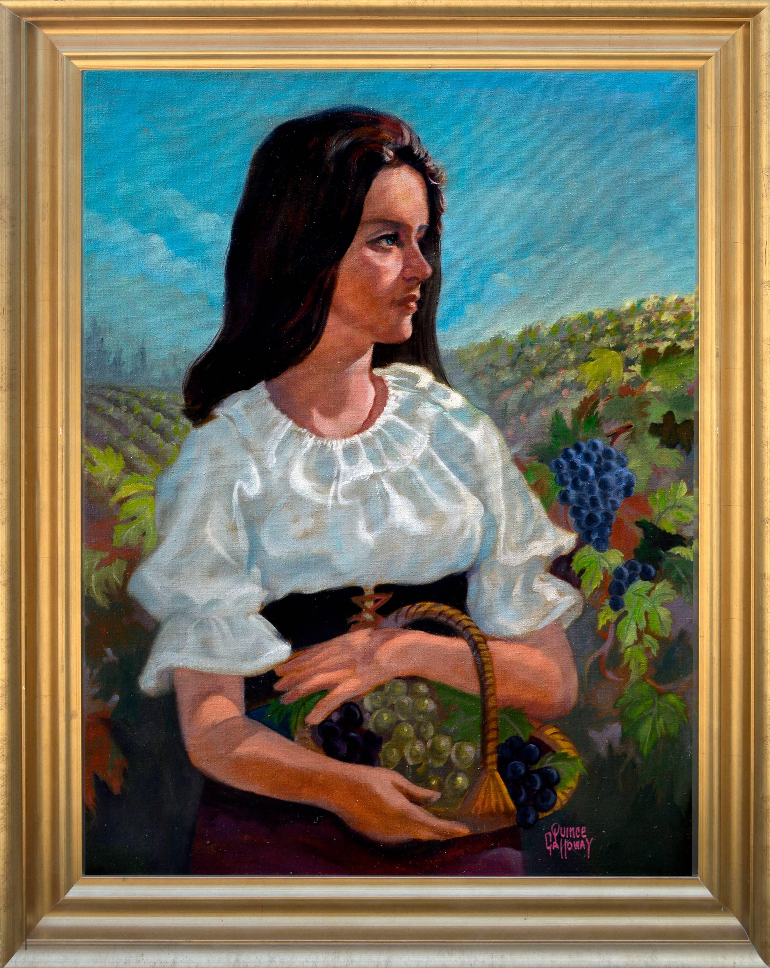 Quince Galloway Figurative Painting - Woman in the Vineyards - Napa Grape Harvest Figurative Landscape