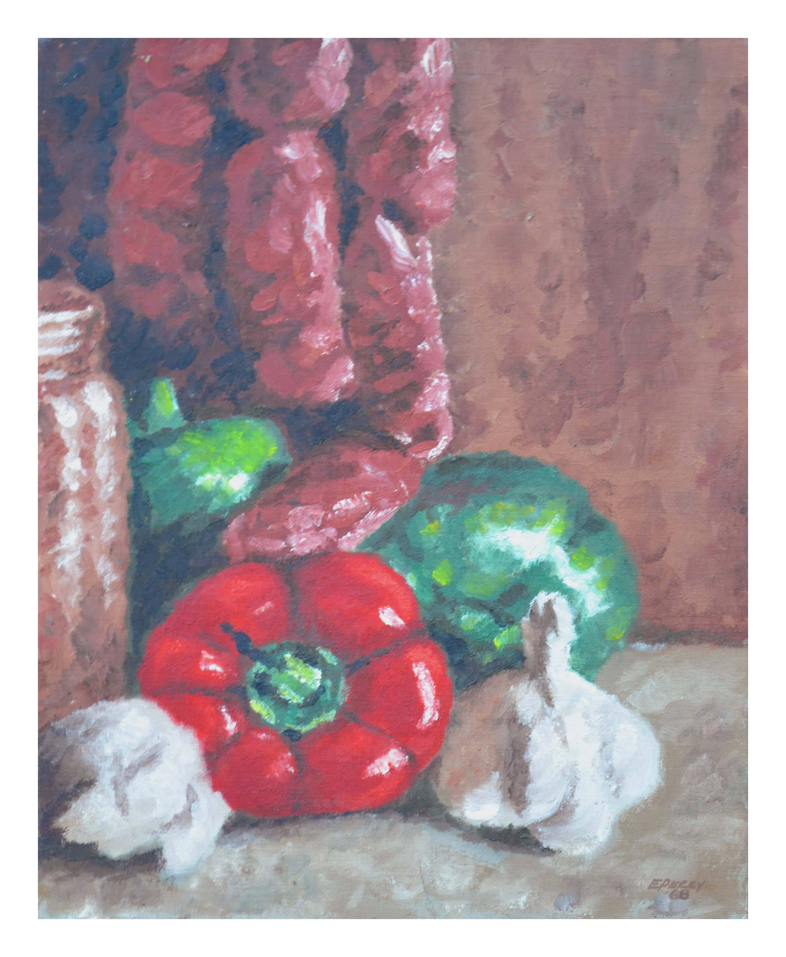 Eleanor Perry Still-Life Painting - Red Pepper and Garlic Still Life