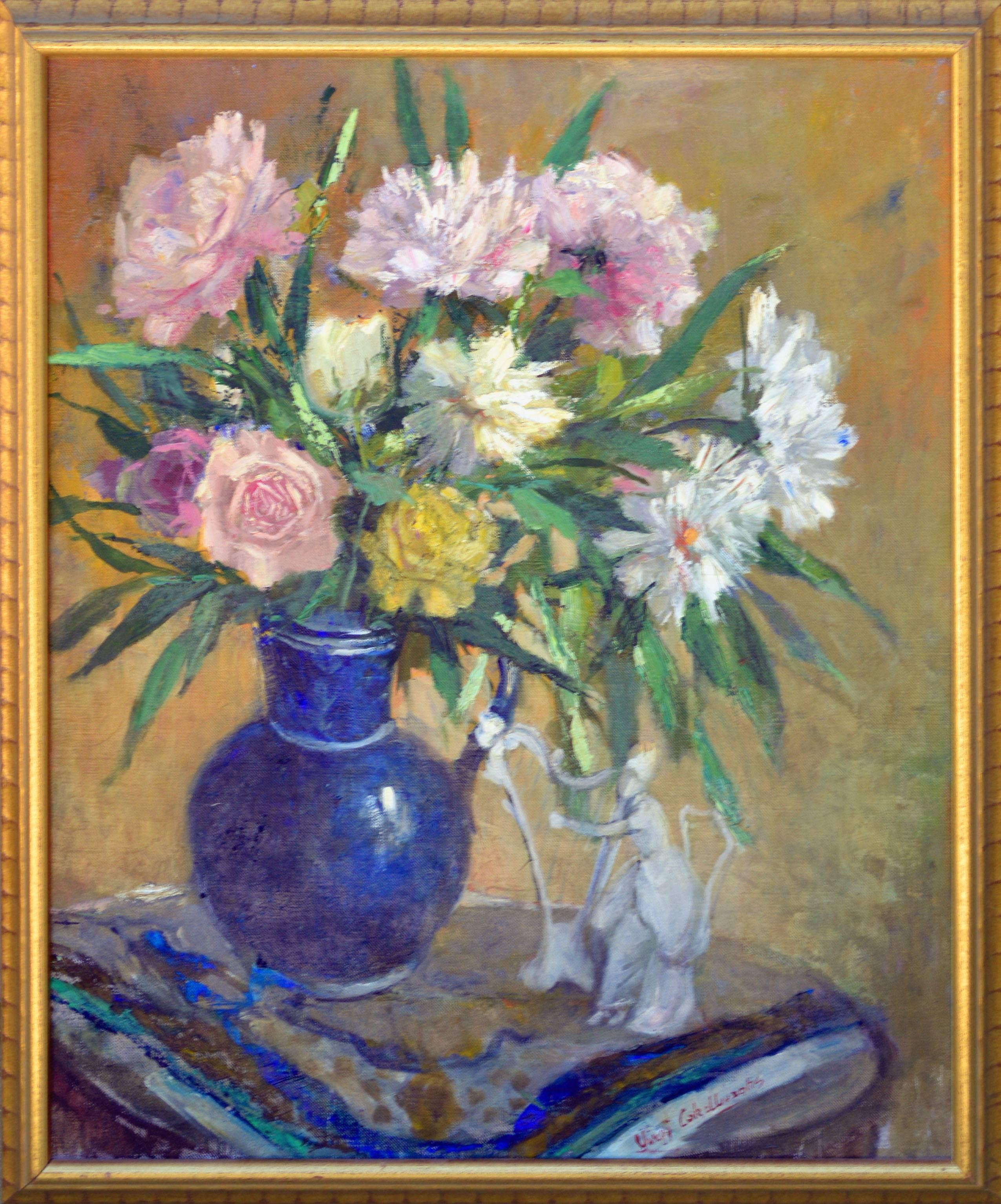Virgi Cokelberghs Still-Life Painting - Mid Century Roses with Blue Vase Still Life