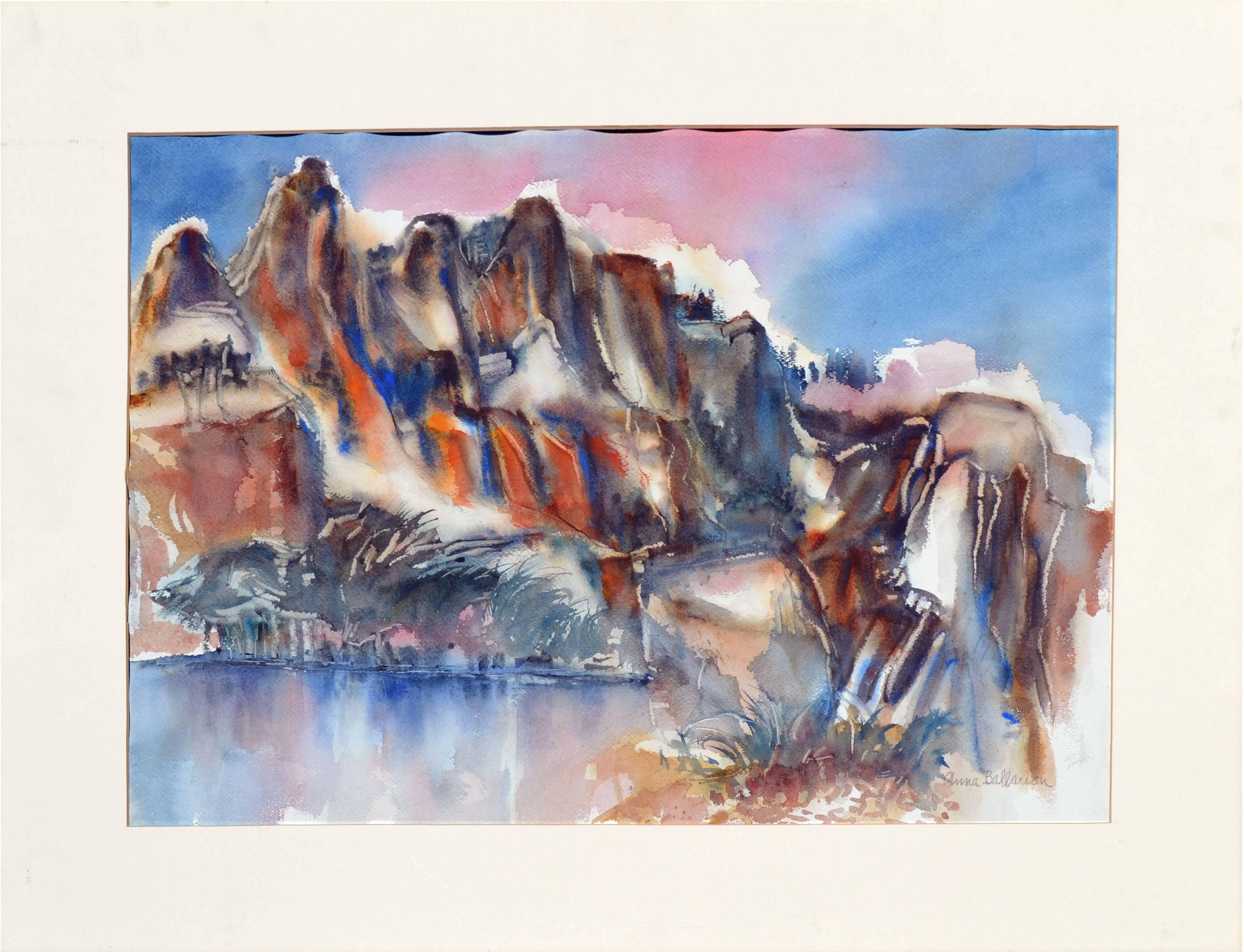 Mid Century Yosemite Landscape -- Young Lake Below Ragged Peak  - Painting by Anna Ballarian