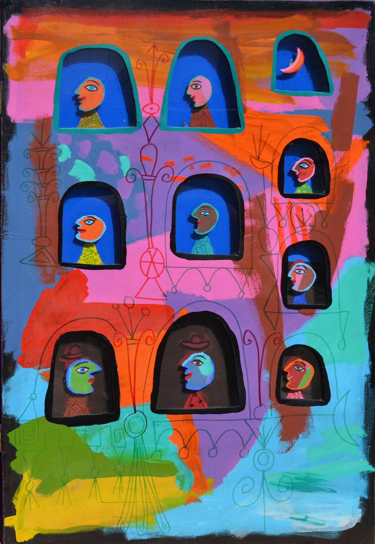 Mid Century Surrealistic diptych -- Neighbors & Friends  - Painting by Daniel Albert Harris