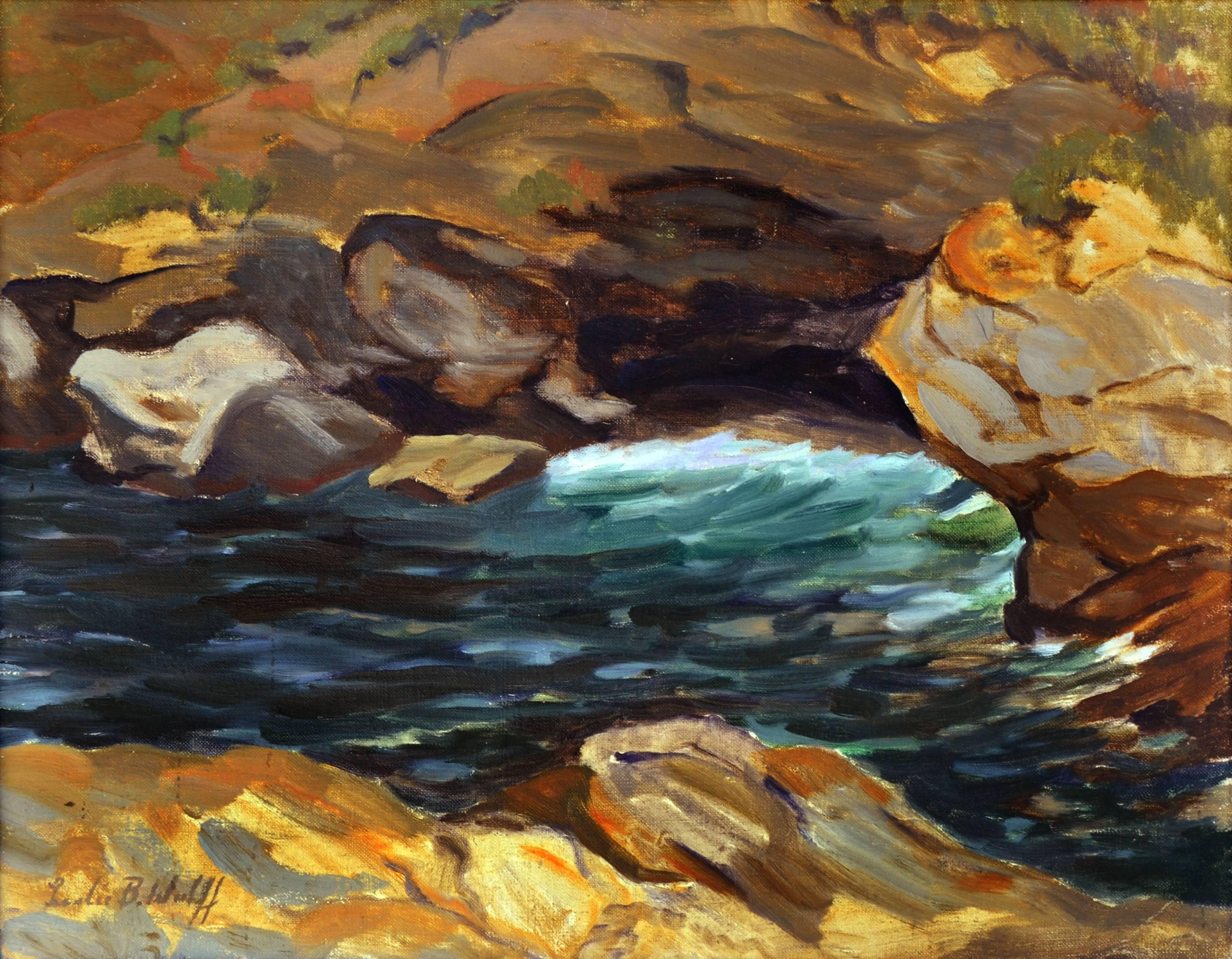 The Water on the Rocks - Abstrahierte Landschaft aus den 1930er Jahren – Painting von Leslie Bruner Wulff