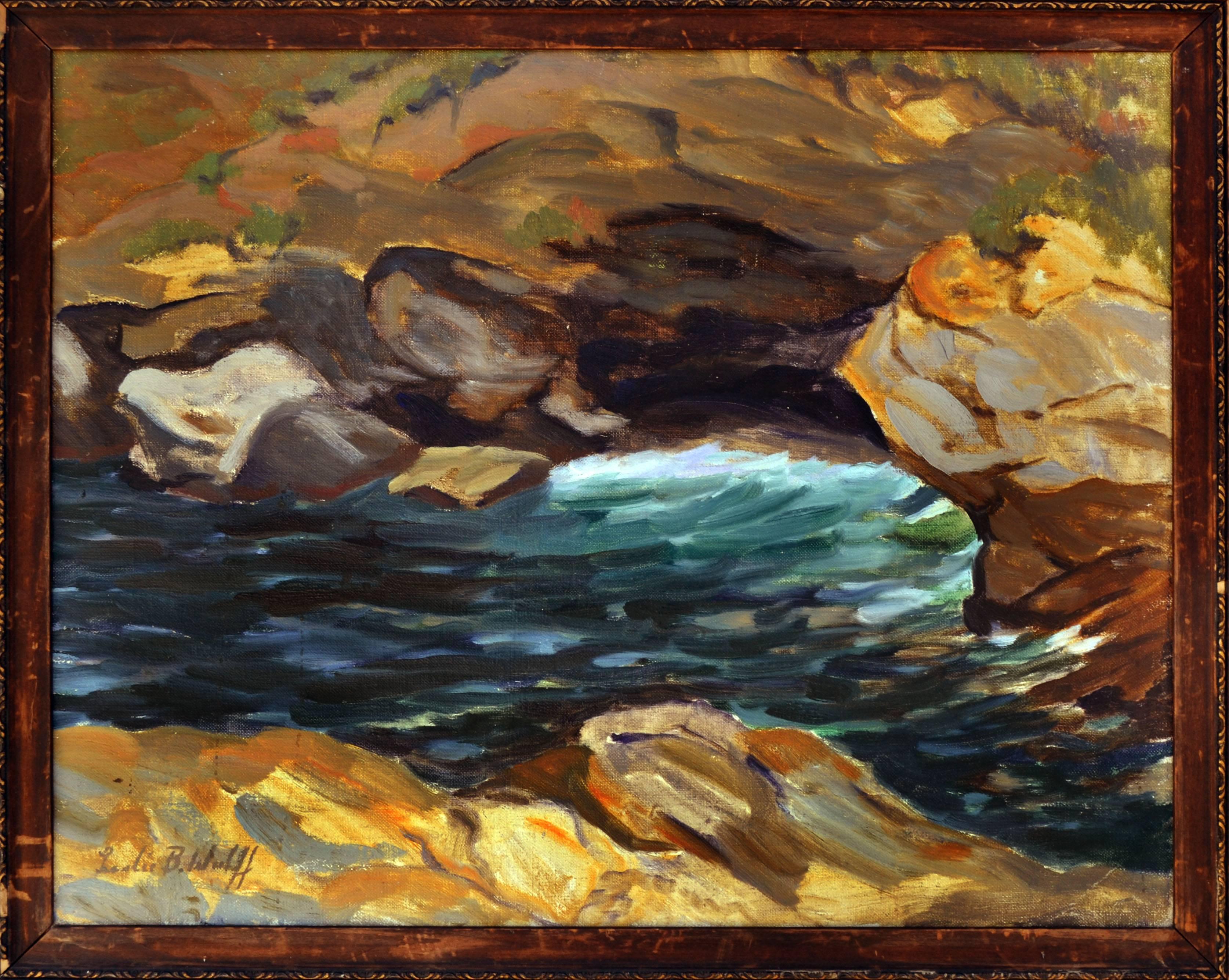 Leslie Bruner Wulff Landscape Painting – The Water on the Rocks - Abstrahierte Landschaft aus den 1930er Jahren