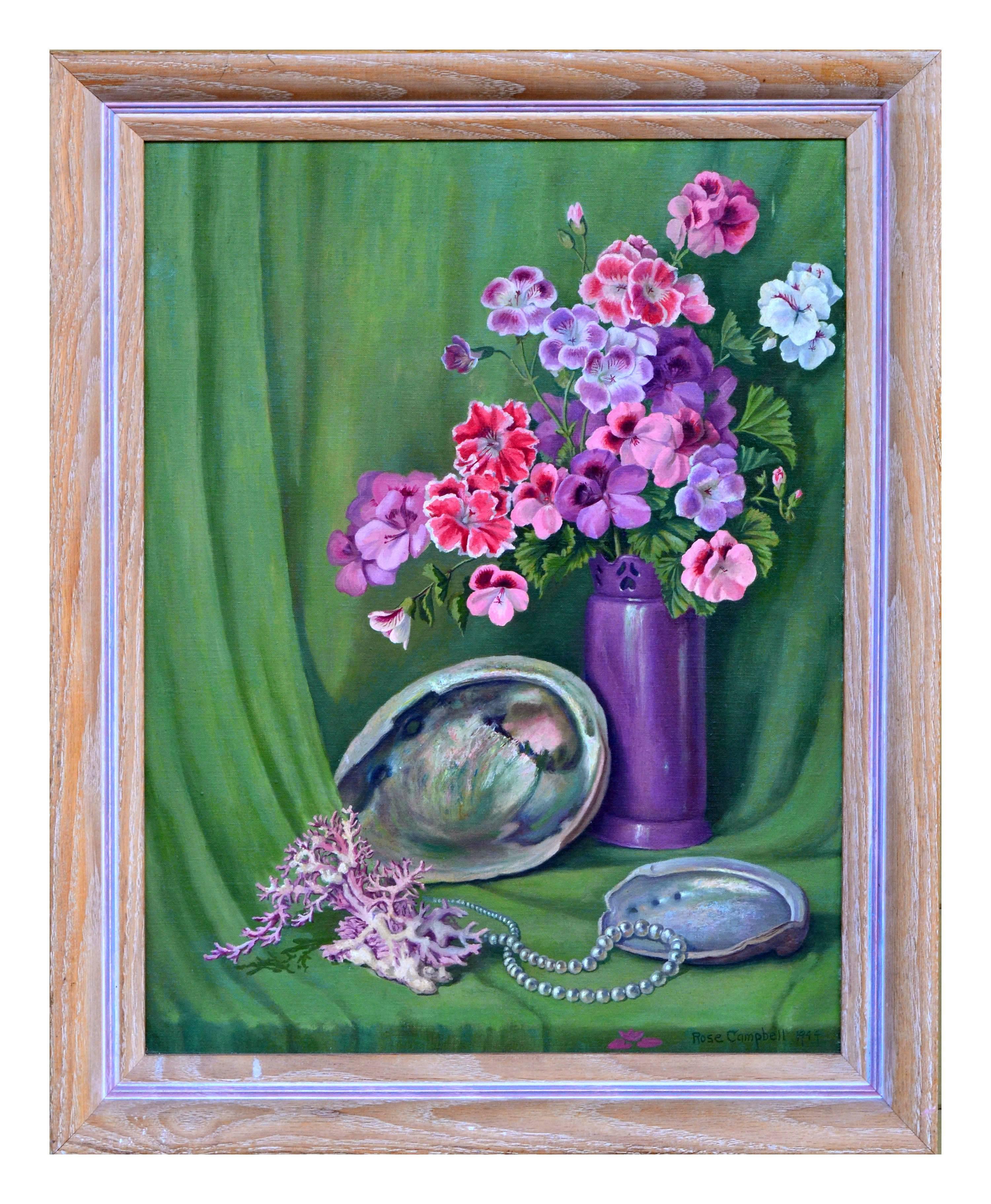 Rose Campbell Still-Life Painting - Geranium and Abalone Shell Still Life