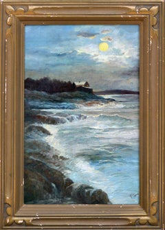 1920's Coastal Home Full Moon Landscape by T. Lewis