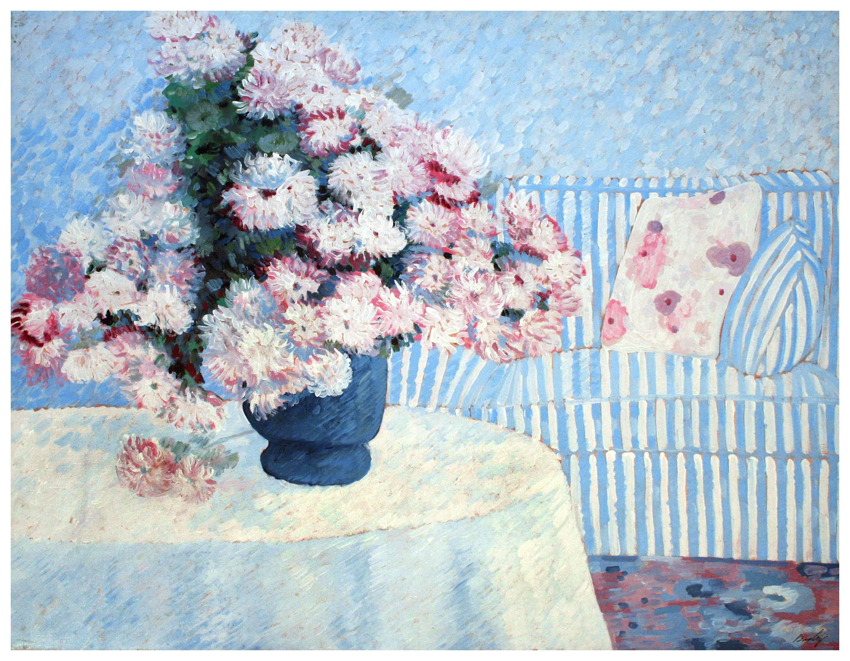 Bill Bagley Interior Painting - Pink & White Flowers with Blue Striped Couch Still Life