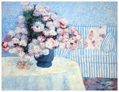 Pink & White Flowers with Blue Striped Couch Still Life