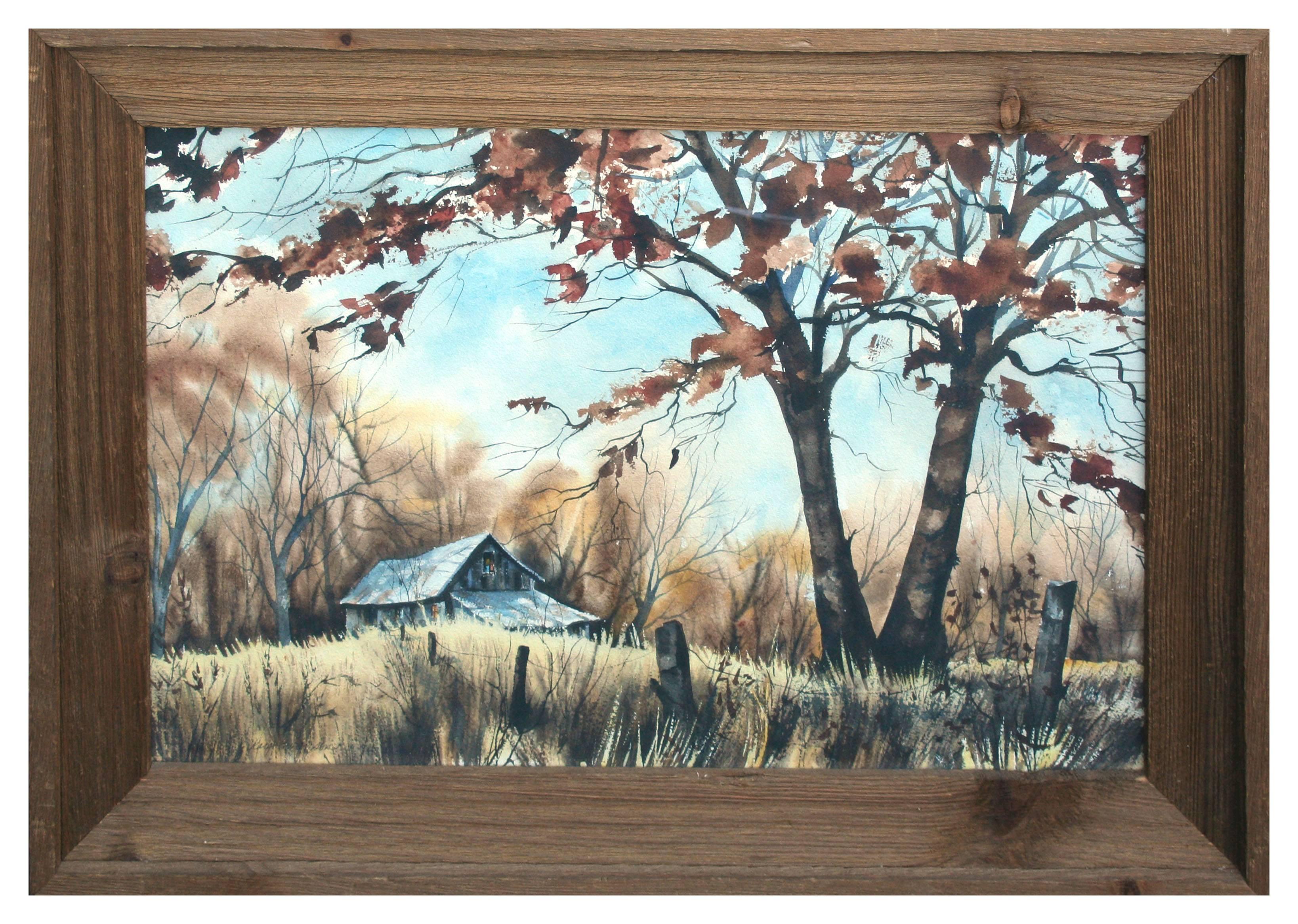 Landscape Art Kay Swanson - Aquarelle d'un paysage rural de ferme du milieu du siècle avec grange