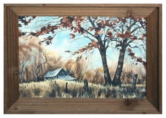 Mid Century Rural Farmhouse Landscape Watercolor with Barn 