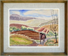 Horse in the Fields - 1930's Watercolor Figurative Landscape 
