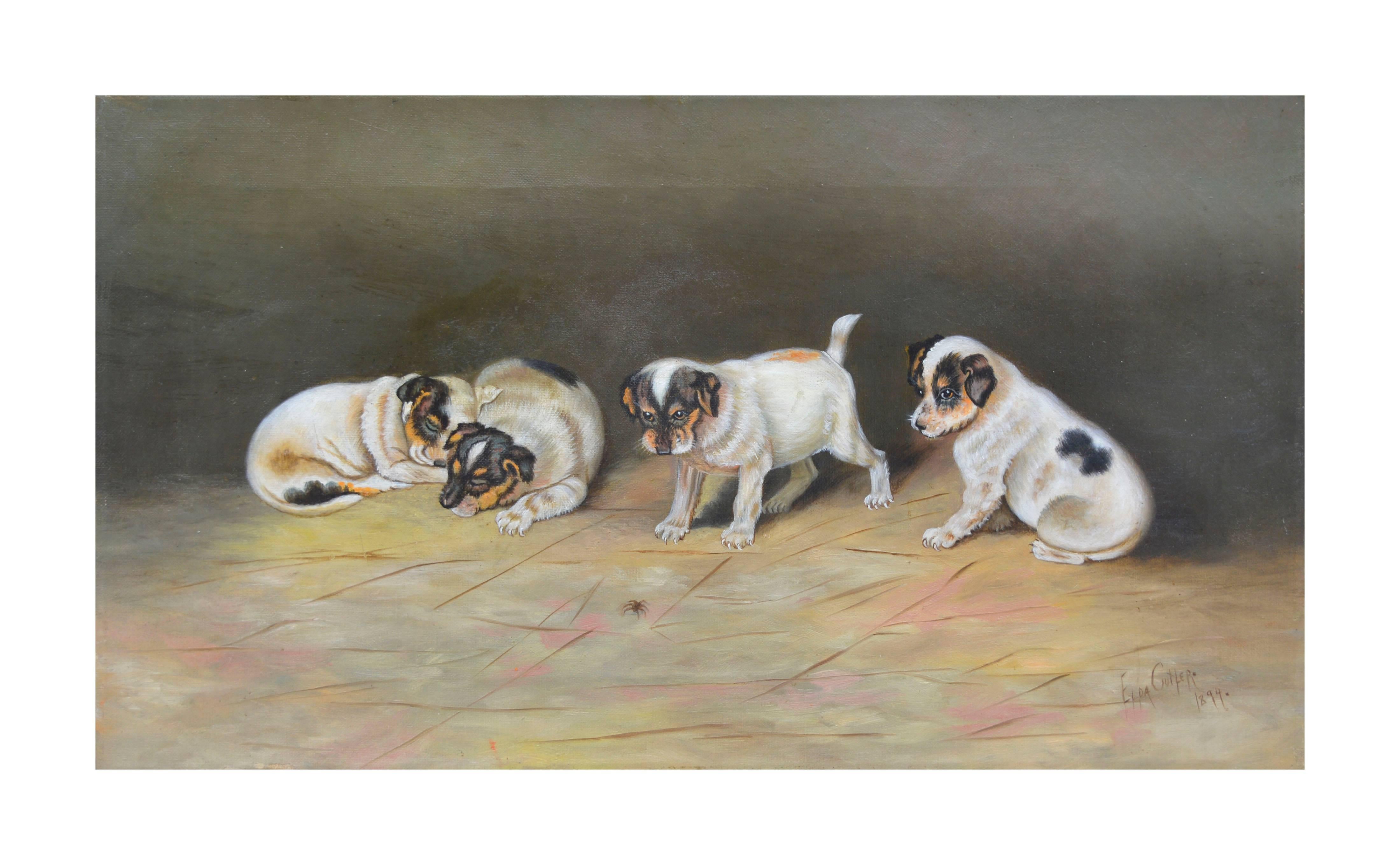 Elda Cutler Animal Painting - Late 19th C. Jack Russell Terrier Puppies