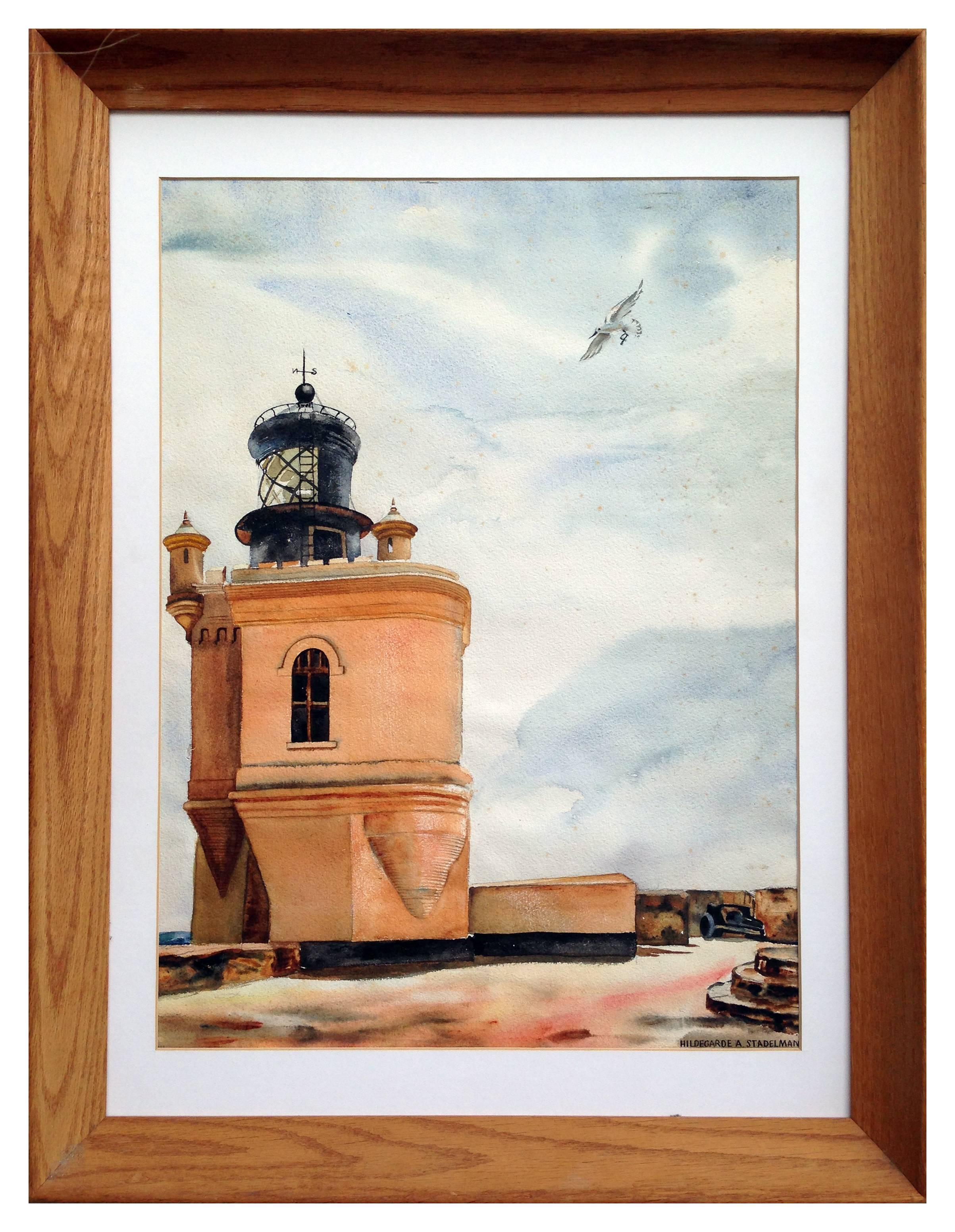 Hildegarde Alice Stadelman Landscape Painting - El Morro Lighthouse, Puerto Rico - Mid Century Landscape 