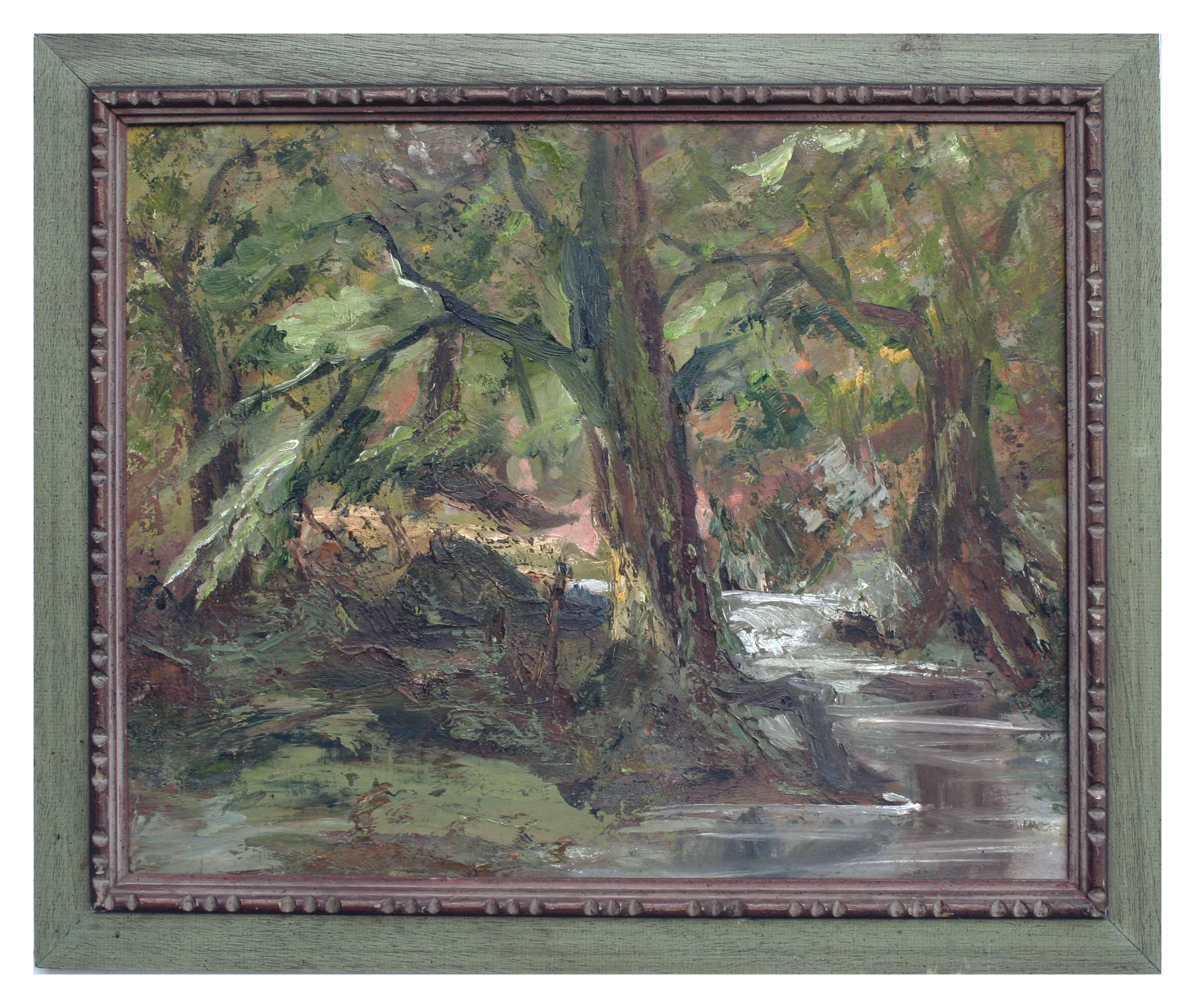 Green Forest Stream Landscape - Painting by Jules Jaques