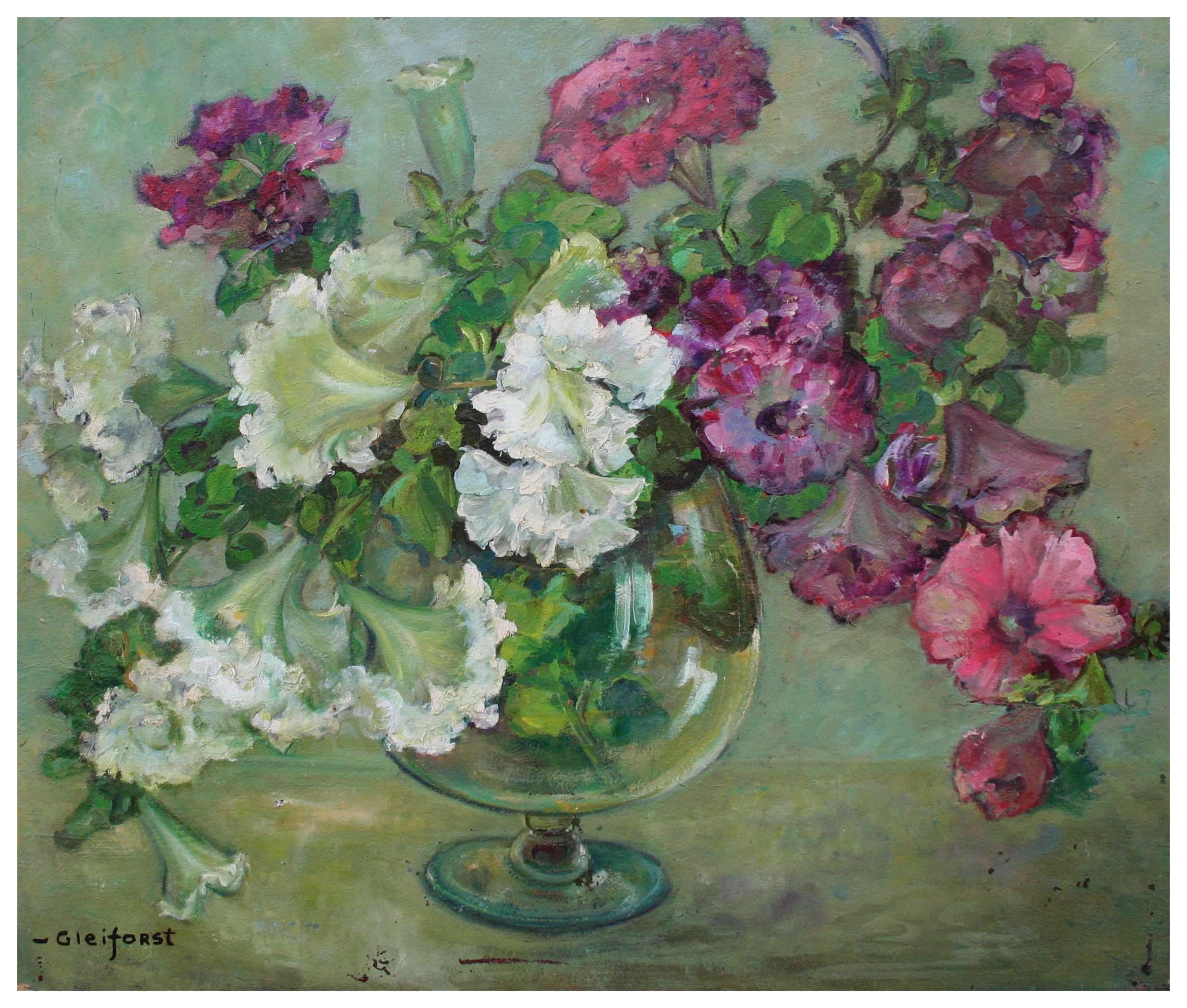 Helen Enoch Gleiforst Still-Life Painting - Mid Century Floral Still Life - Petunias in a Glass 