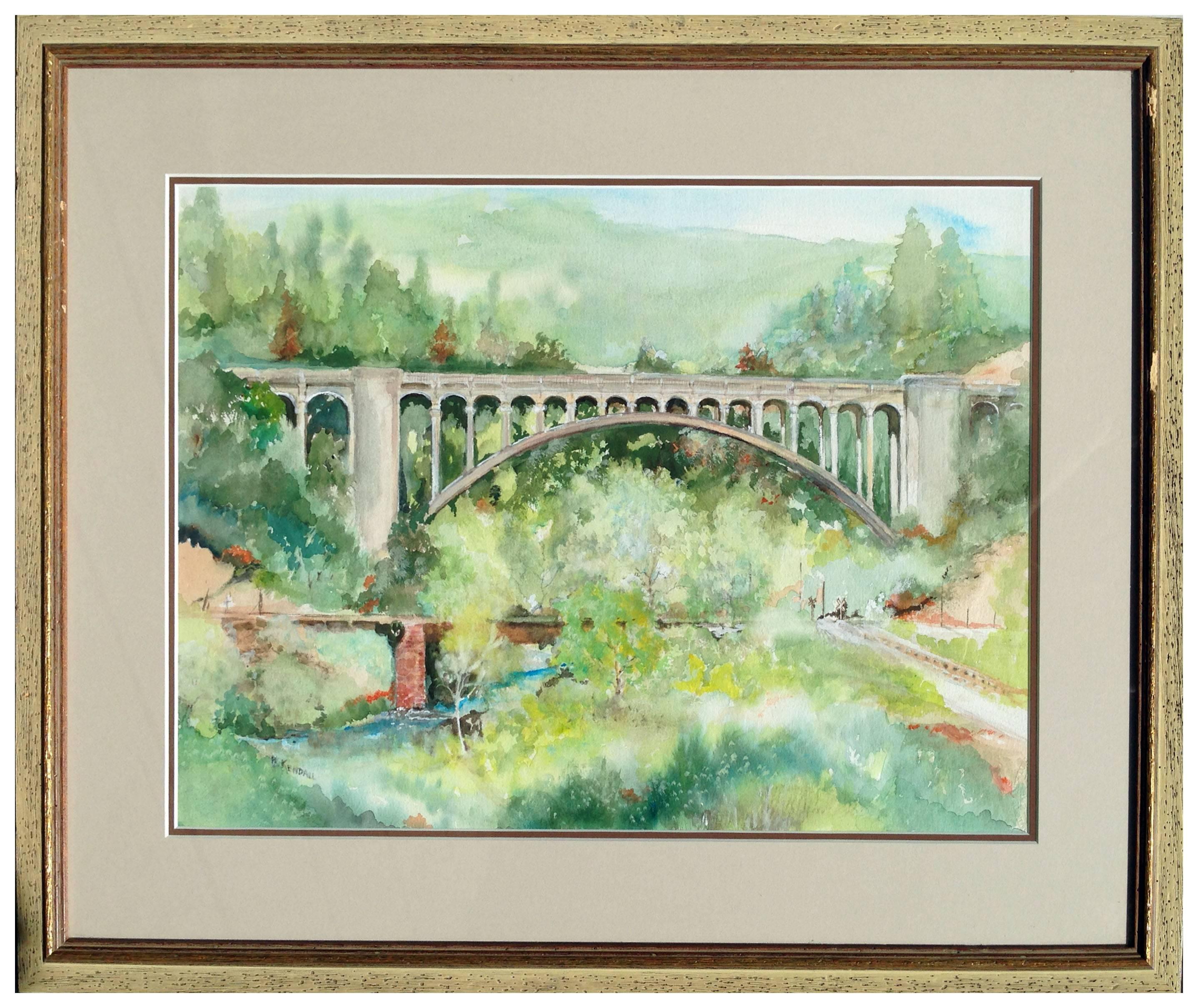 H. Kendall Landscape Art - Mid Century Under the Bridge Landscape 