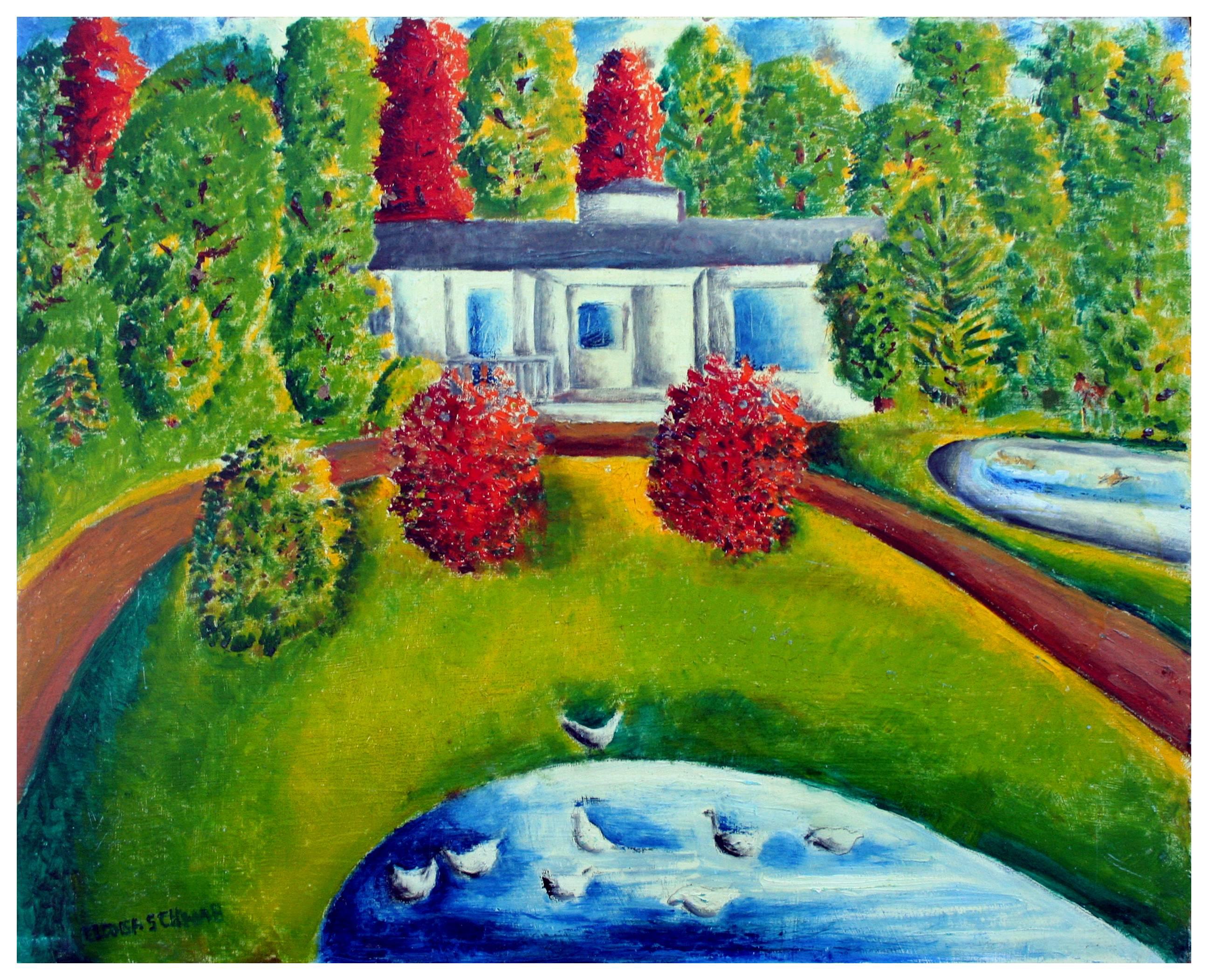 Eloisa Schwab Landscape Painting - Fall at the Estate Mid Century Landscape