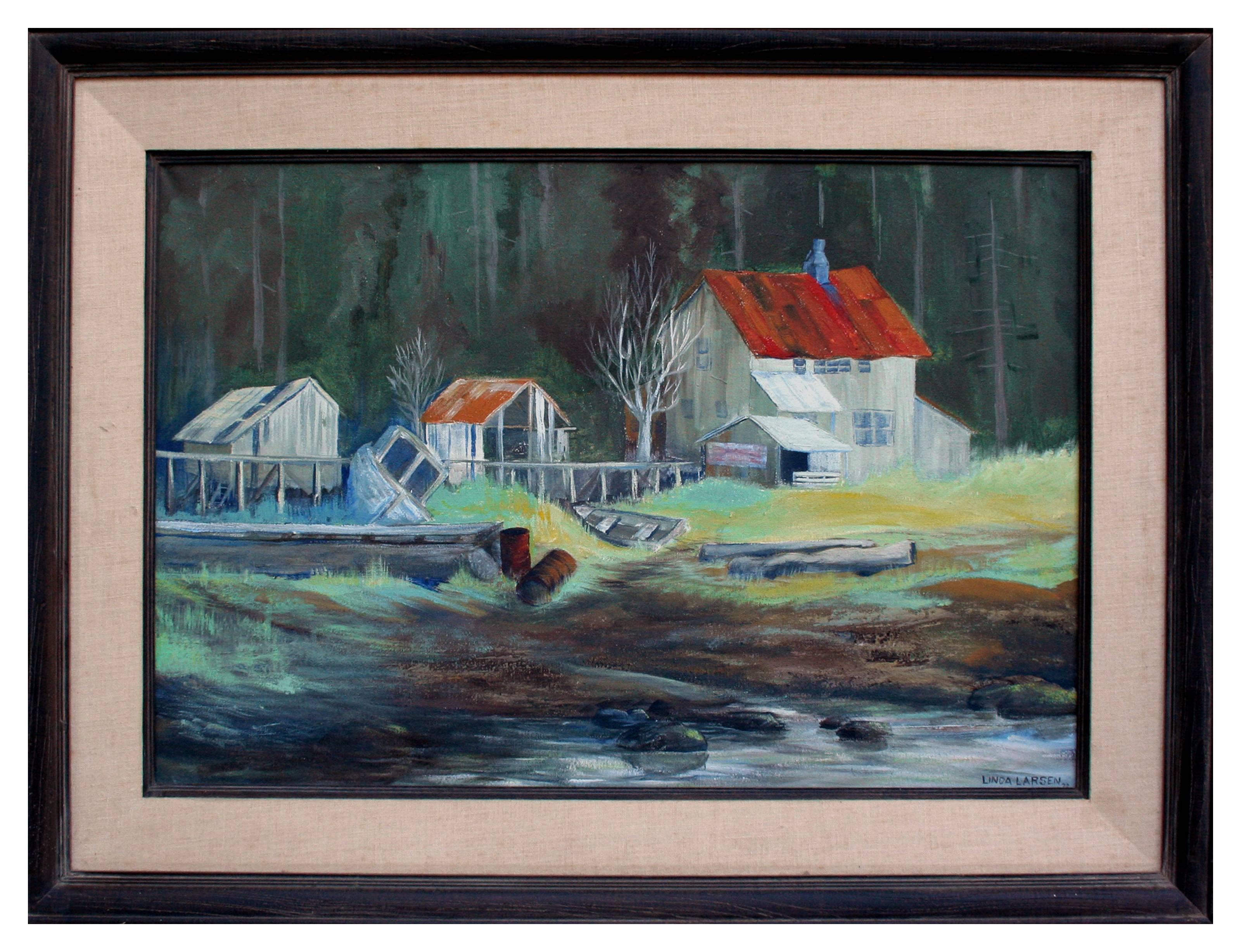 Linda Larsen  Landscape Painting - 1970's On the Lake Landscape